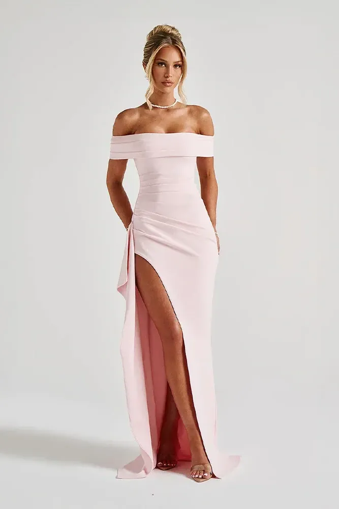 Women's Off Shoulder High Slit Fitted Graduation Dress | Maxi