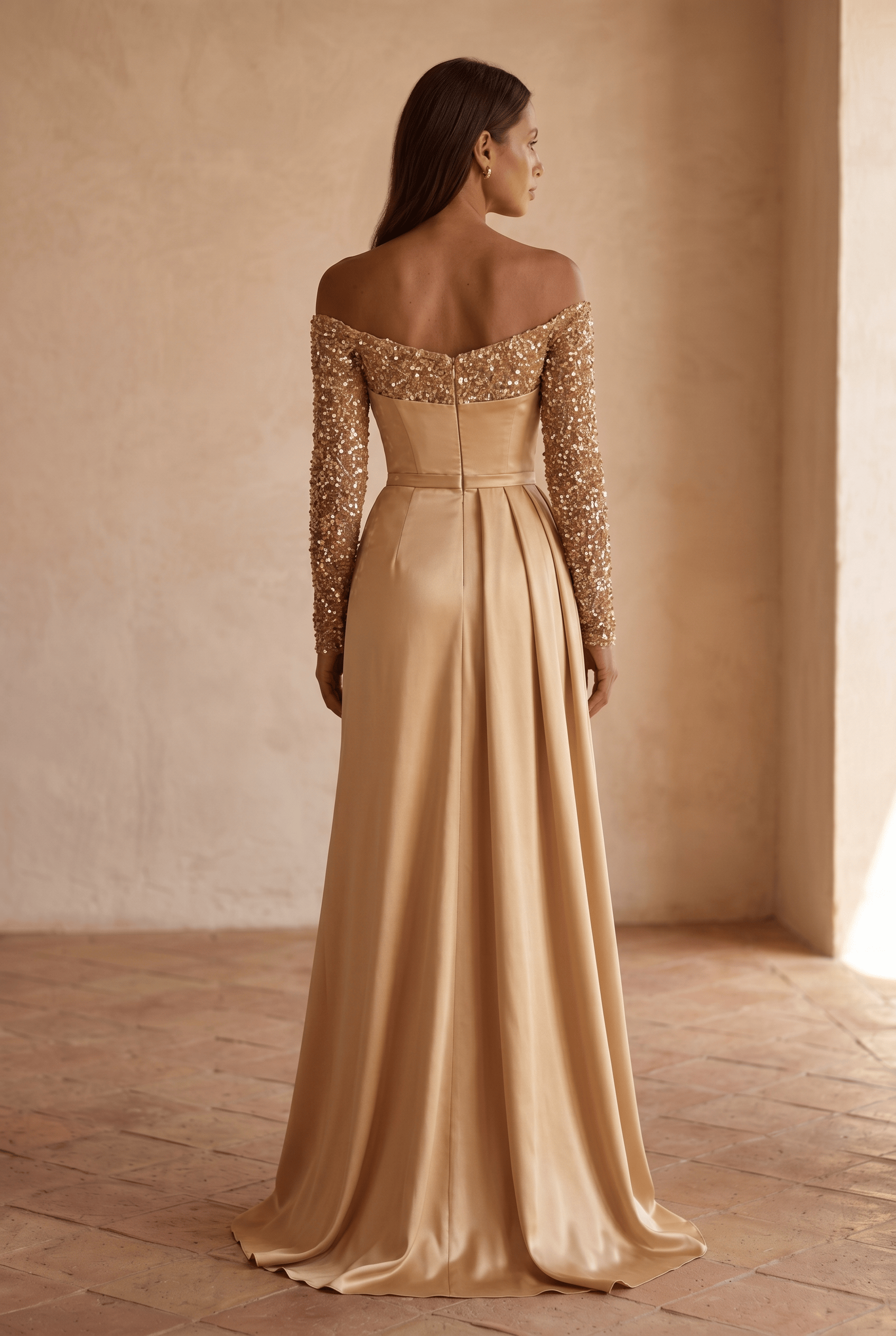 Women's Off Shoulder Sequin Sleeve High Slit Draped Wedding Guest Dress | Maxi
