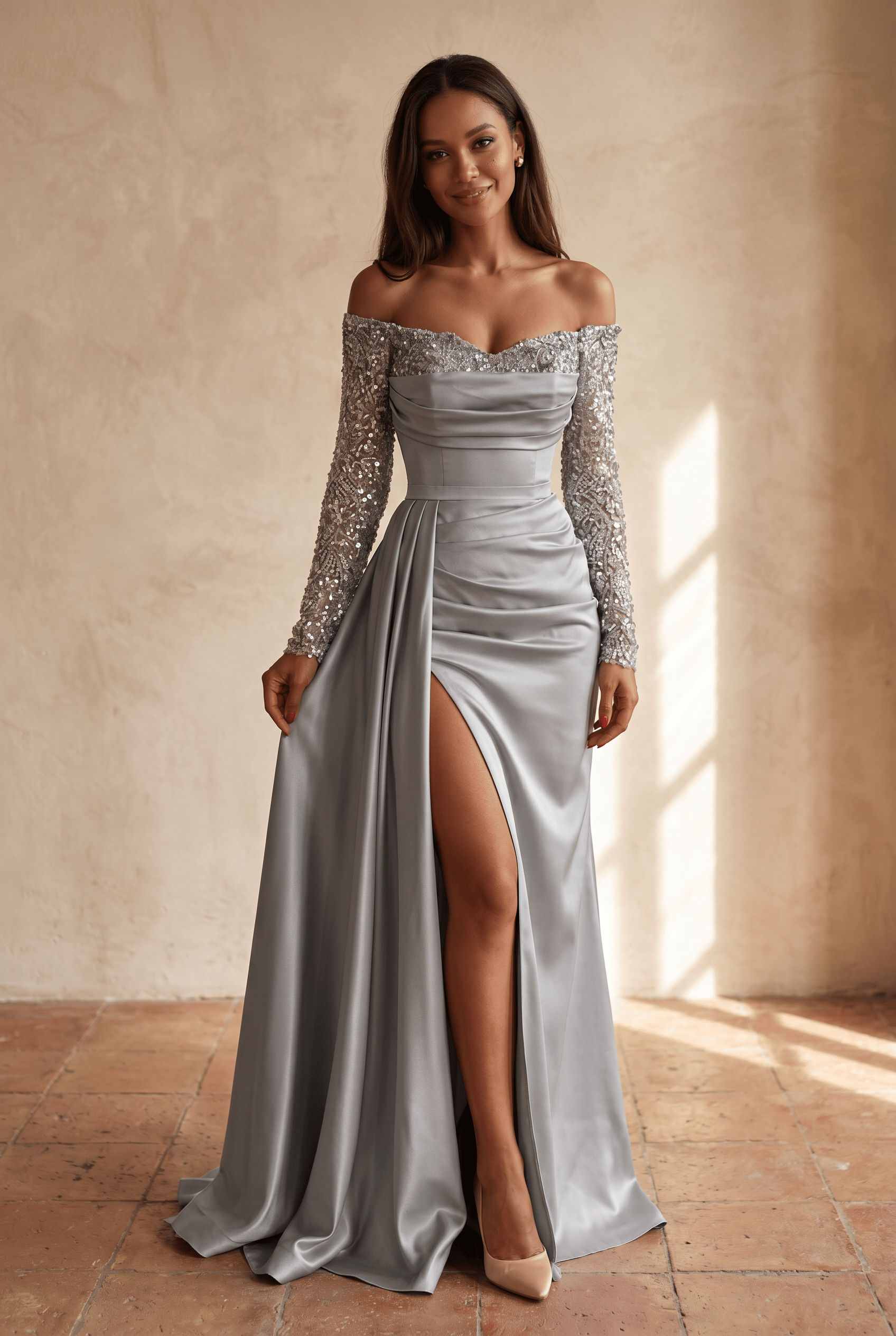 Women's Off Shoulder Sequin Sleeve High Slit Draped Wedding Guest Dress | Maxi