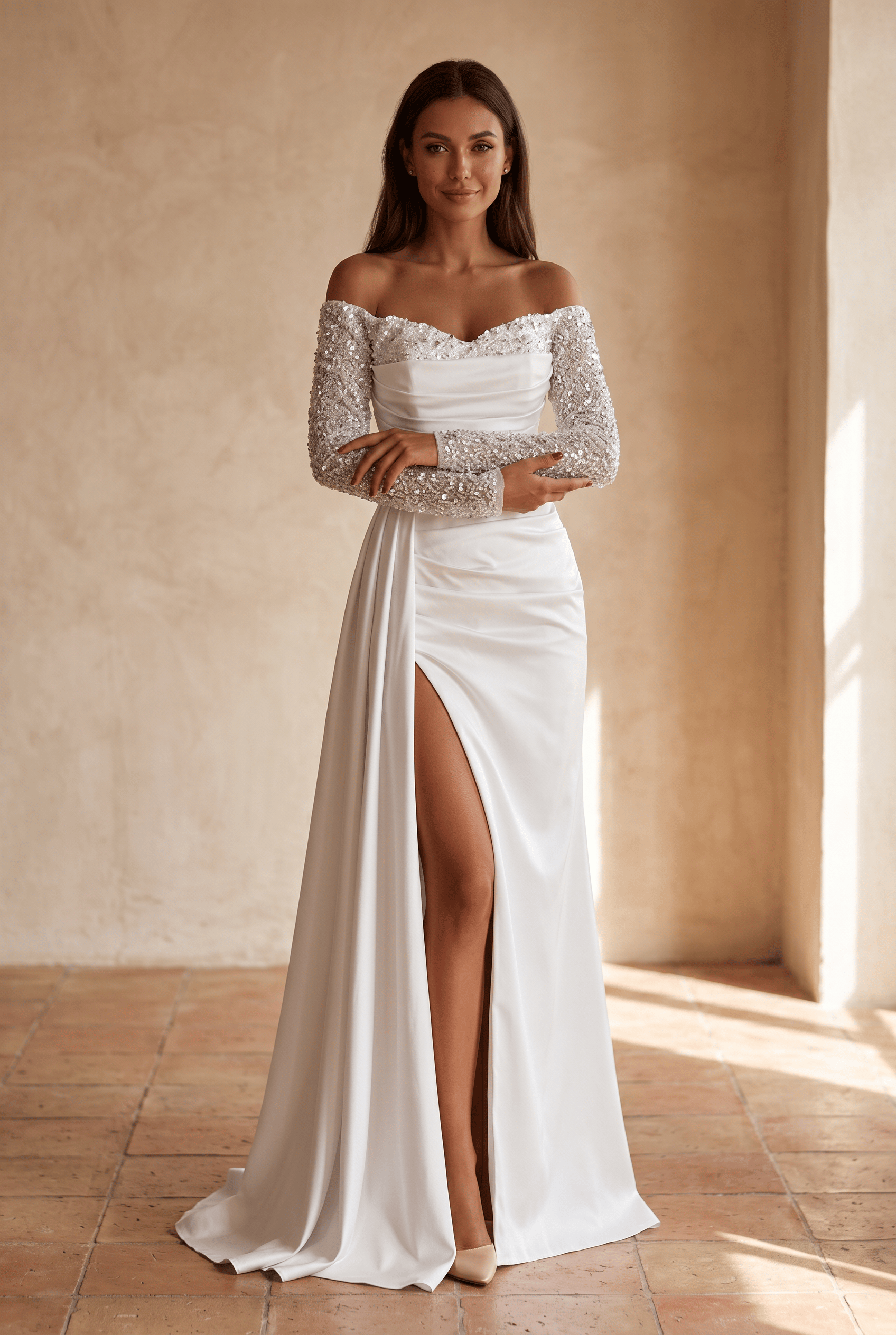 Women's Off Shoulder Sequin Sleeve High Slit Draped Wedding Guest Dress | Maxi
