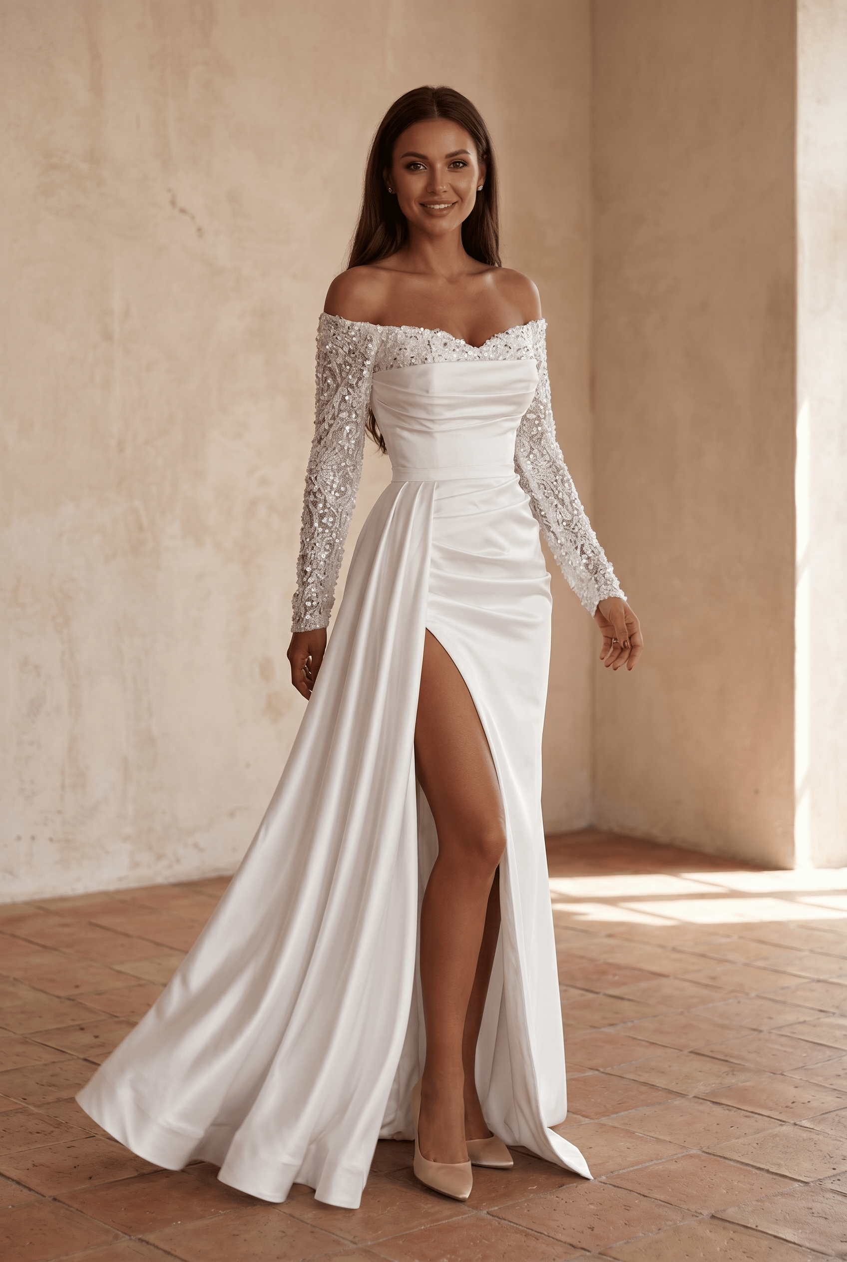 Women's Off Shoulder Sequin Sleeve High Slit Draped Wedding Guest Dress | Maxi