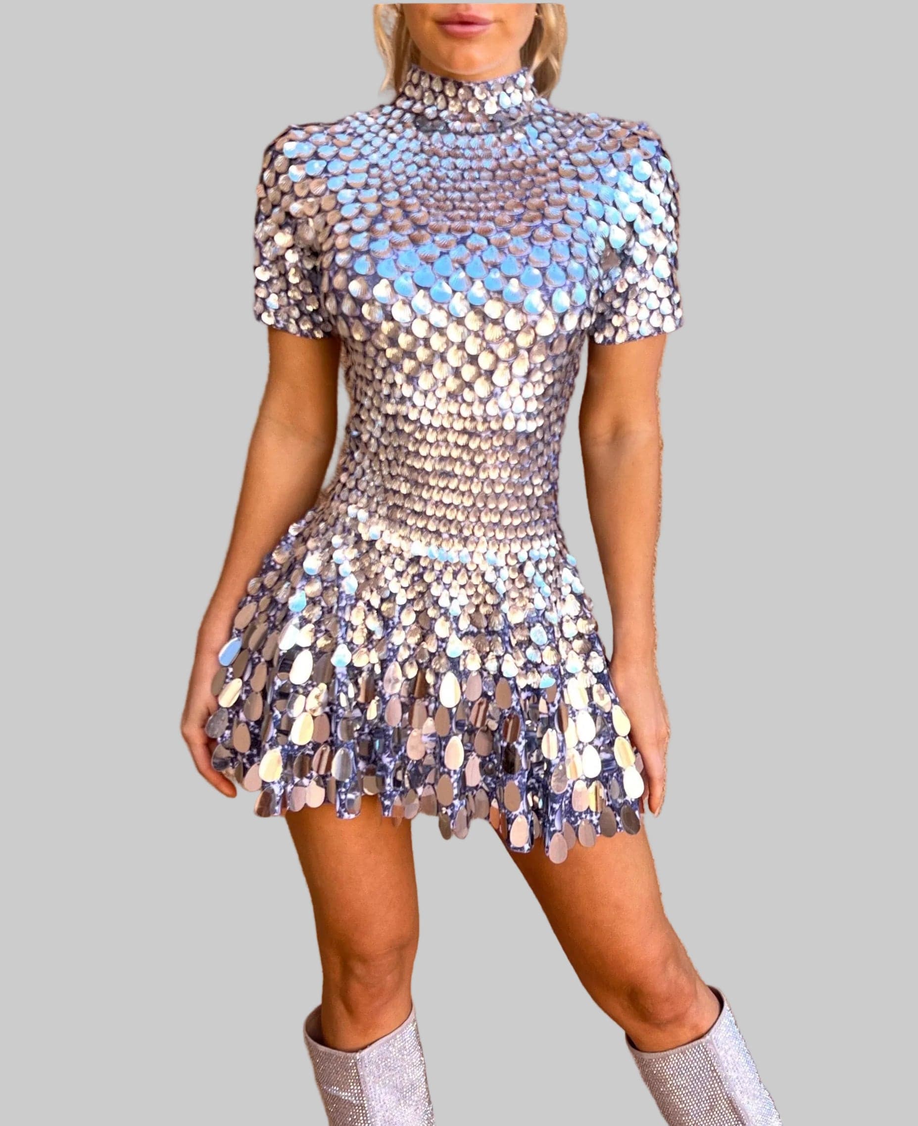 Women's Sequin Short Sleeve Mock Neck Party Dress | Mini
