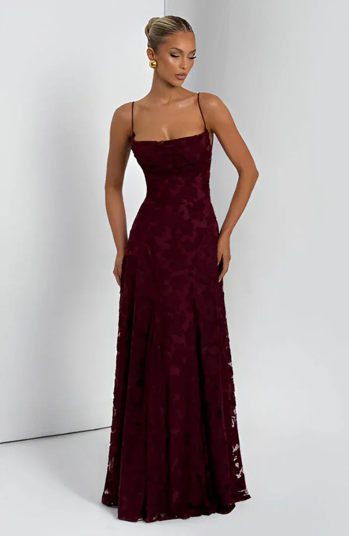 Women's Spaghetti Strap Textured Flared Wedding Guest Dress | Maxi