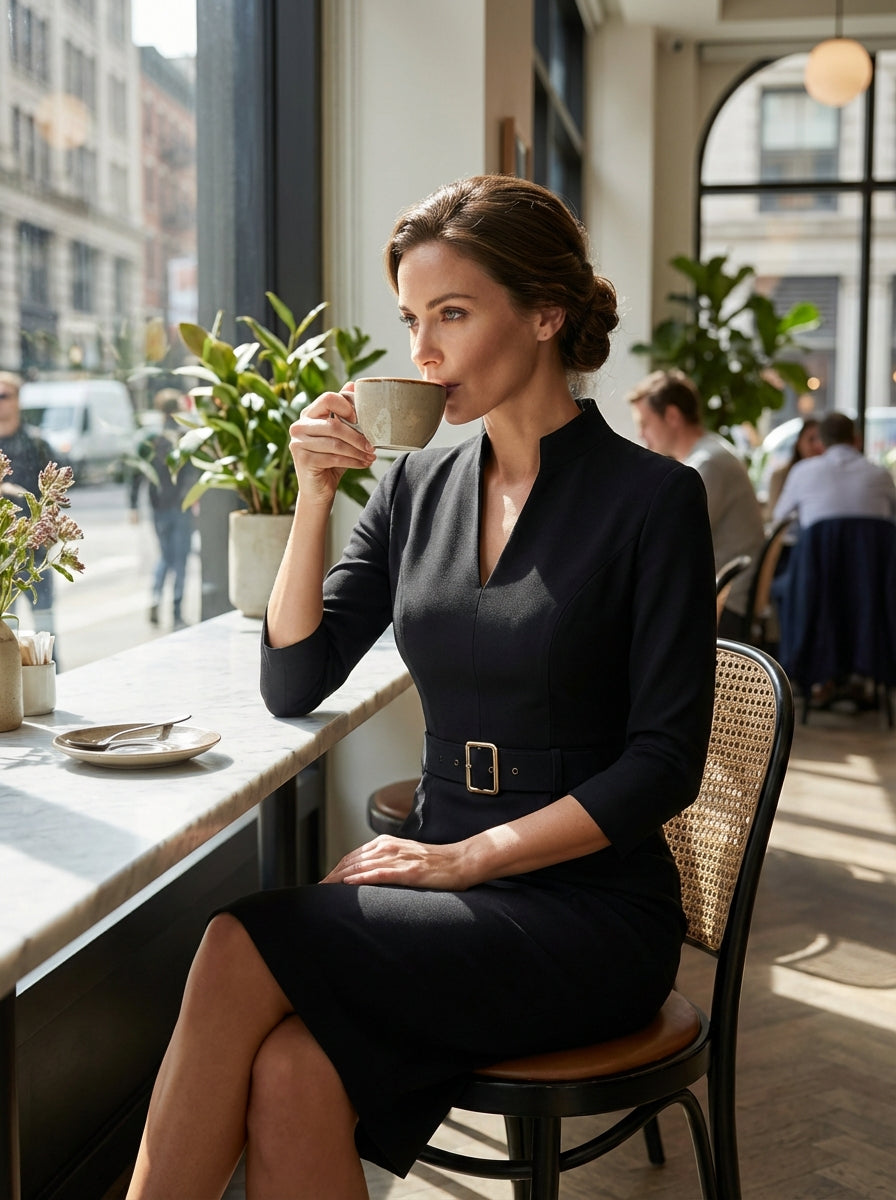 Women's Split Neck Belted Sheath Bodycon Dress | Midi