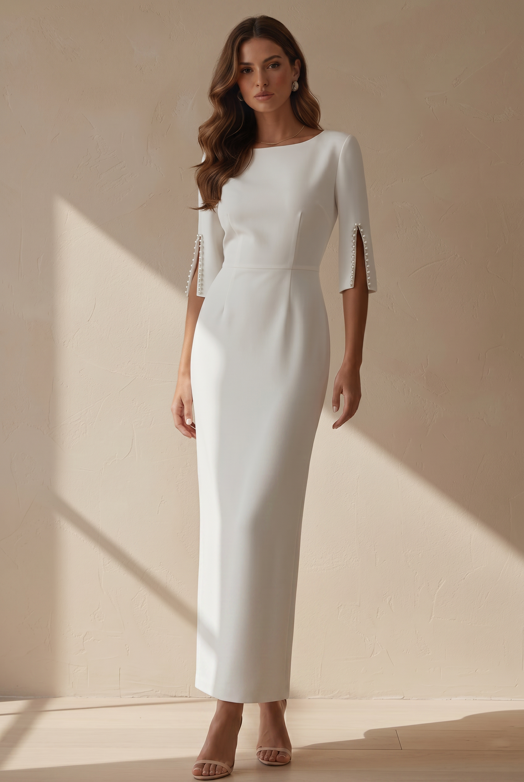 Women's Three Quarter Sleeve Pearl Detail Fitted Graduation Dress | Midi