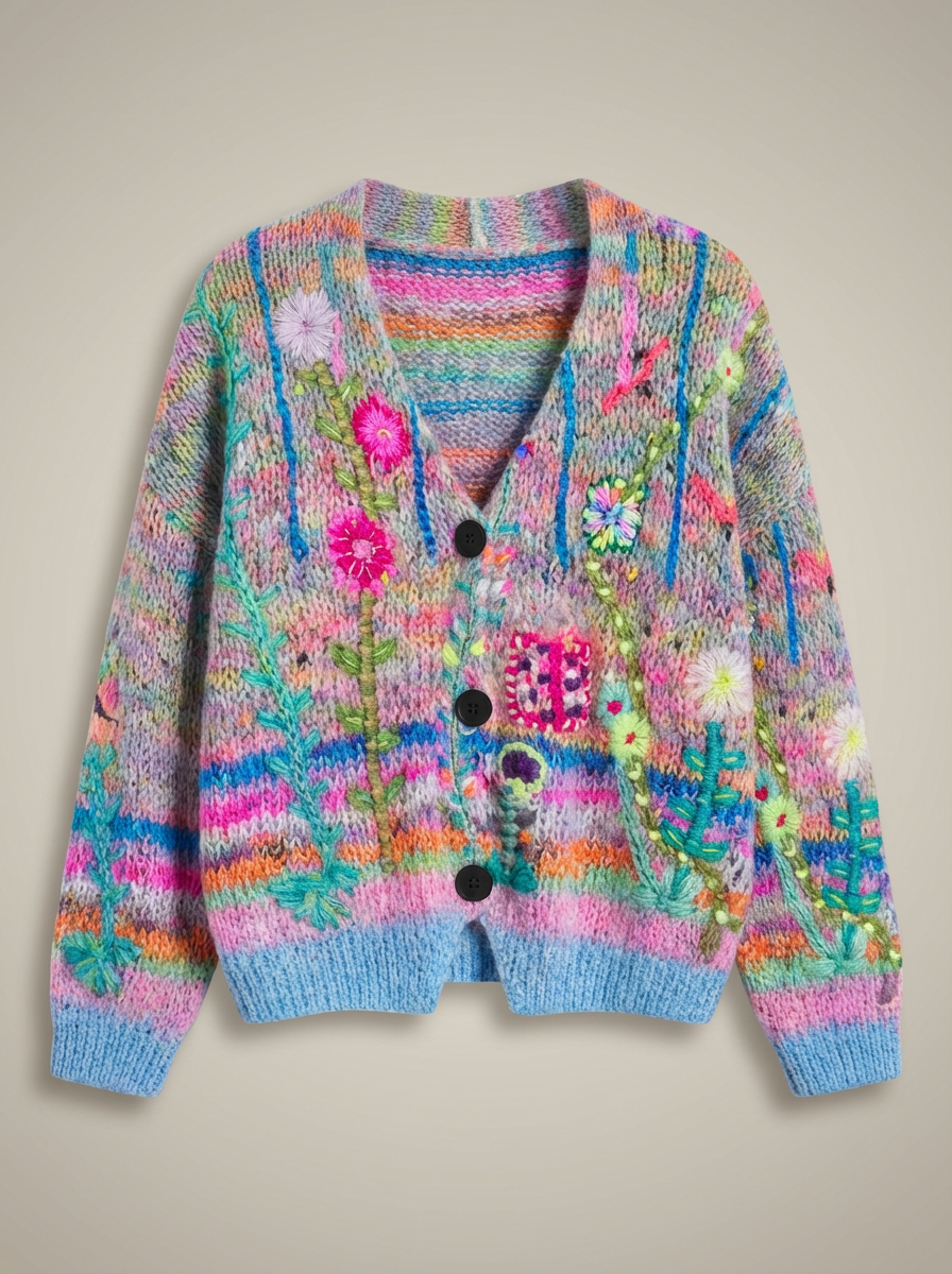 Women's V-Neck Floral Print Knit Cardigan | Button Up