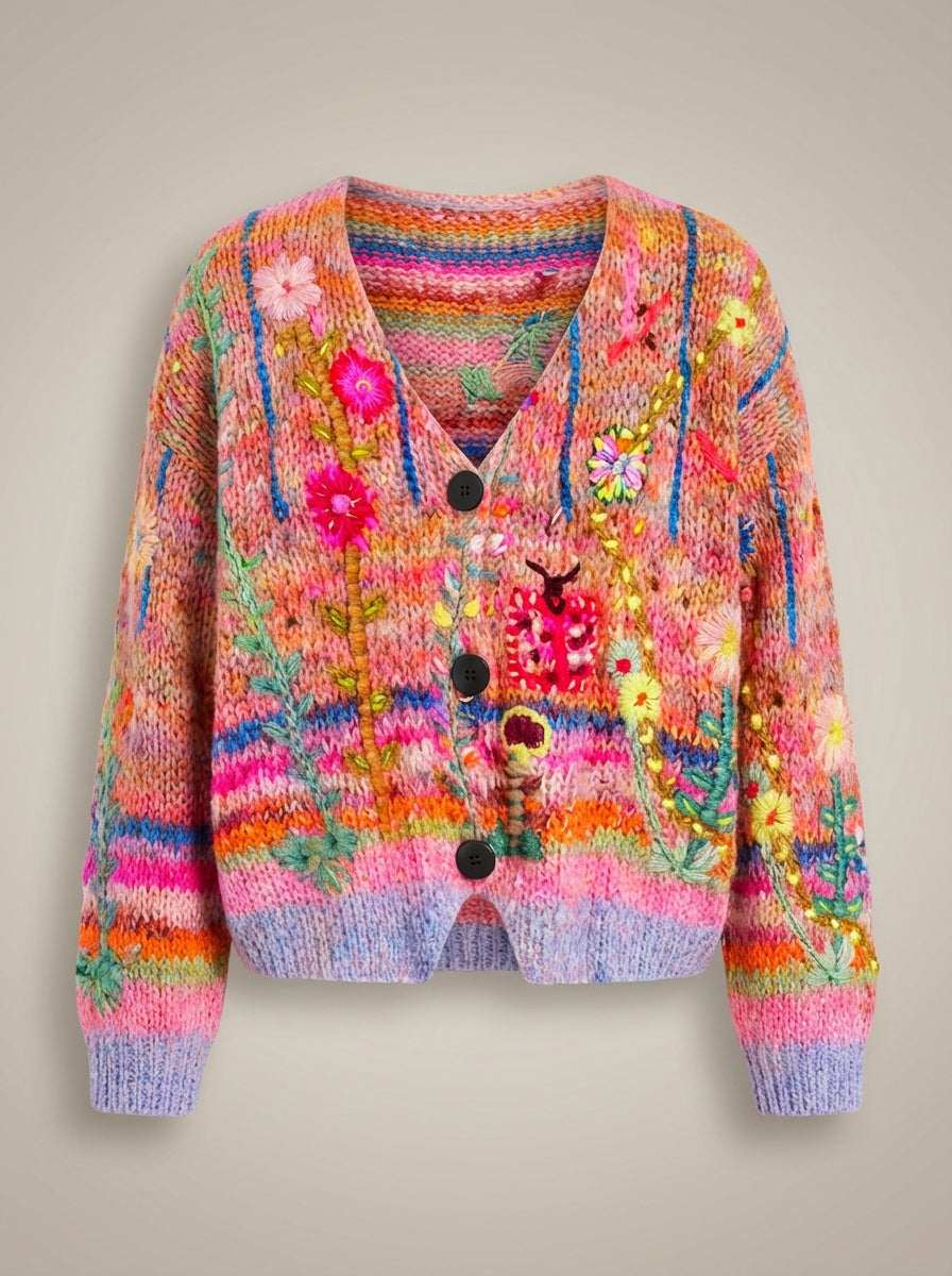Women's V-Neck Floral Print Knit Cardigan | Button Up