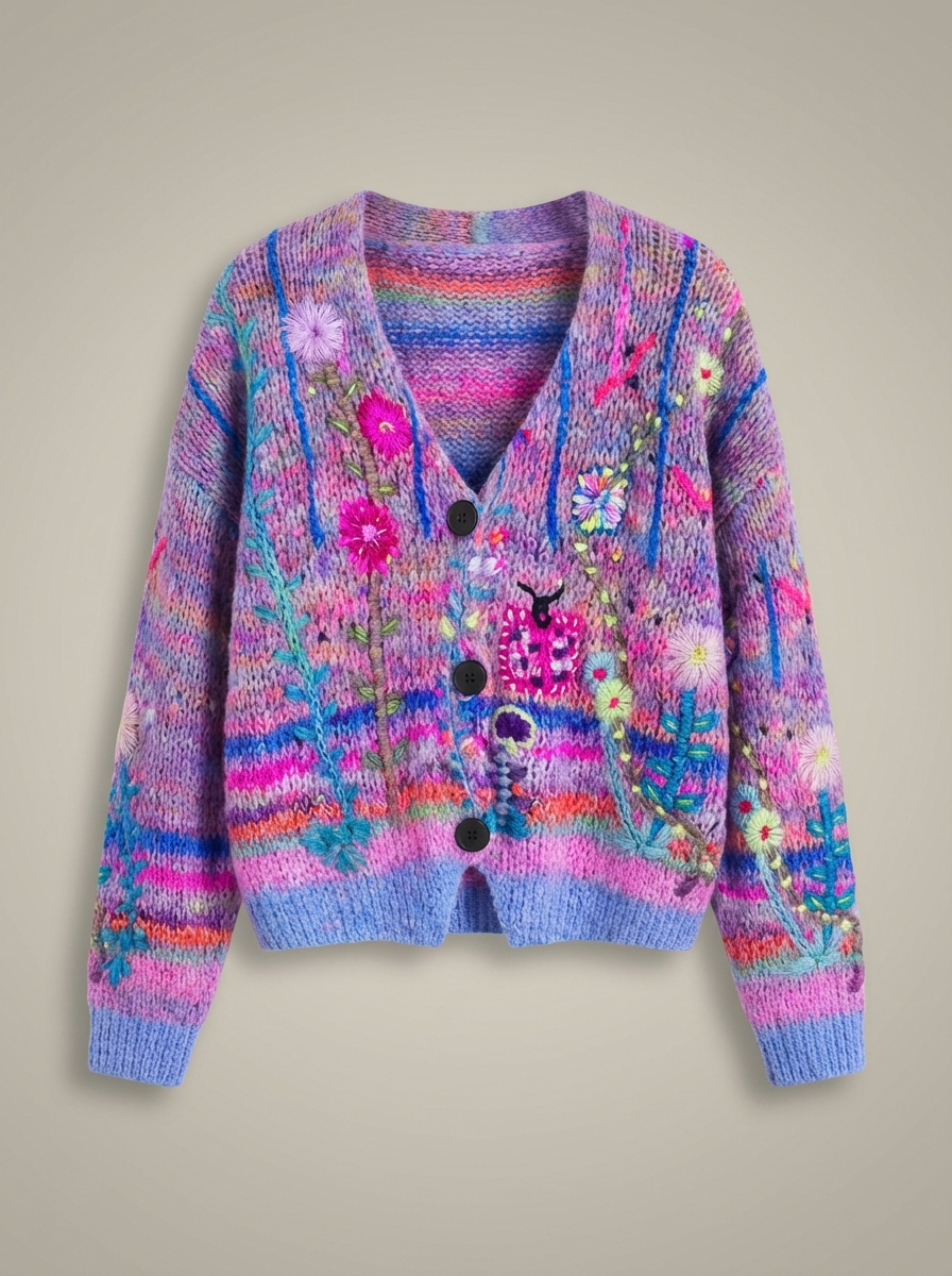 Women's V-Neck Floral Print Knit Cardigan | Button Up