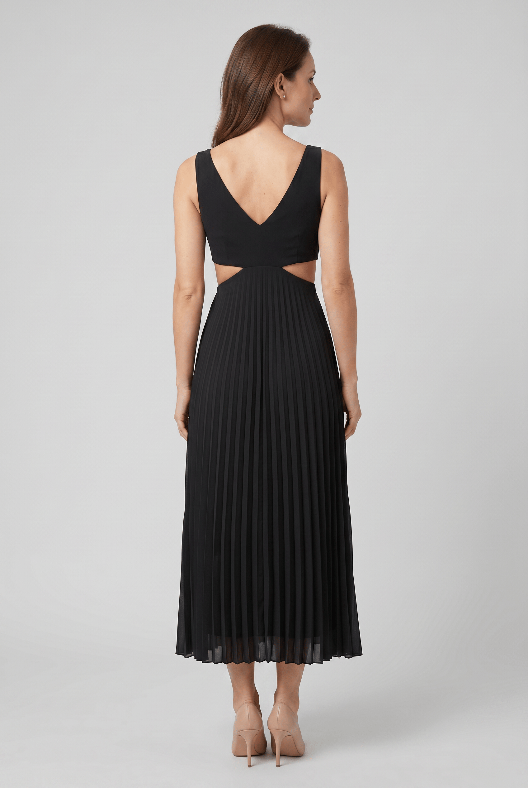 Women's V Neck Pleated Cutout Waist Graduation Dress | Midi