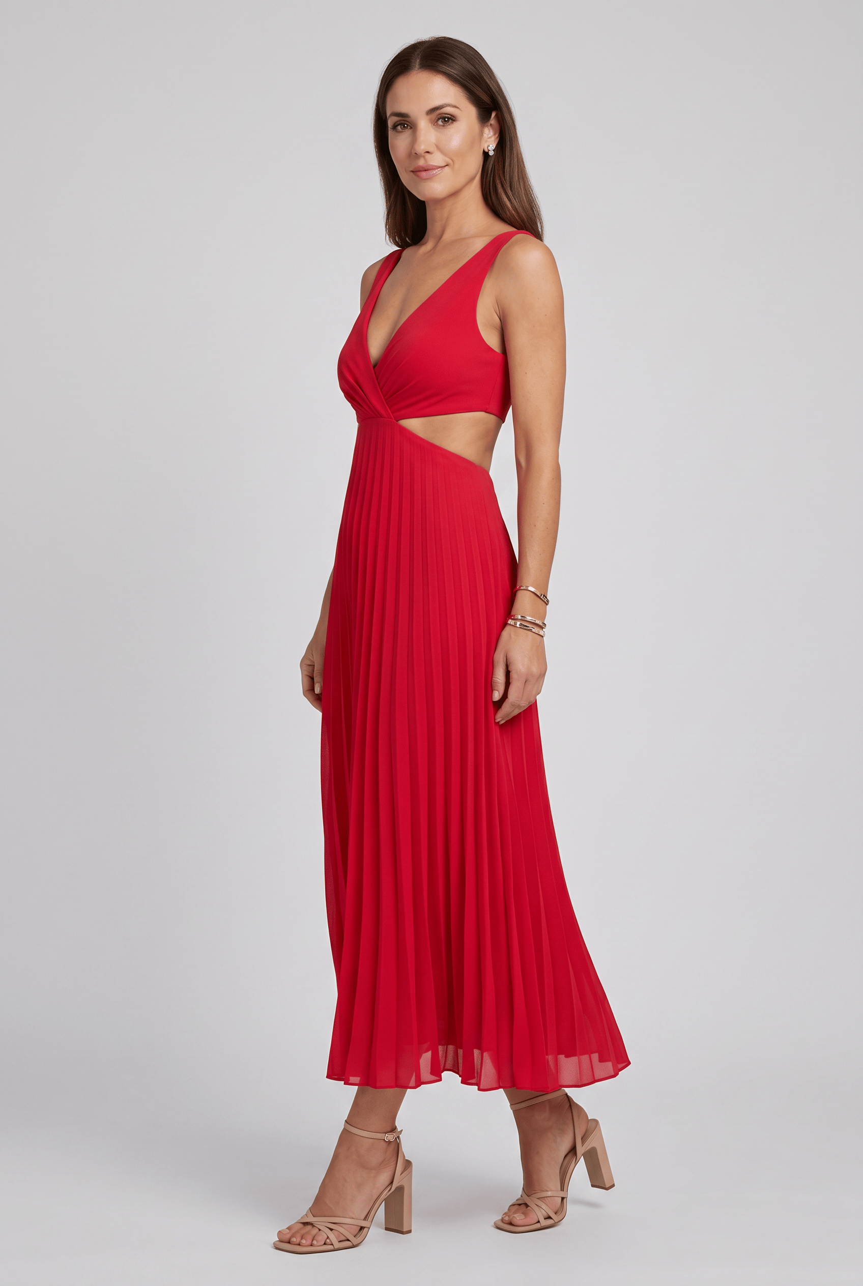 Women's V Neck Pleated Cutout Waist Graduation Dress | Midi