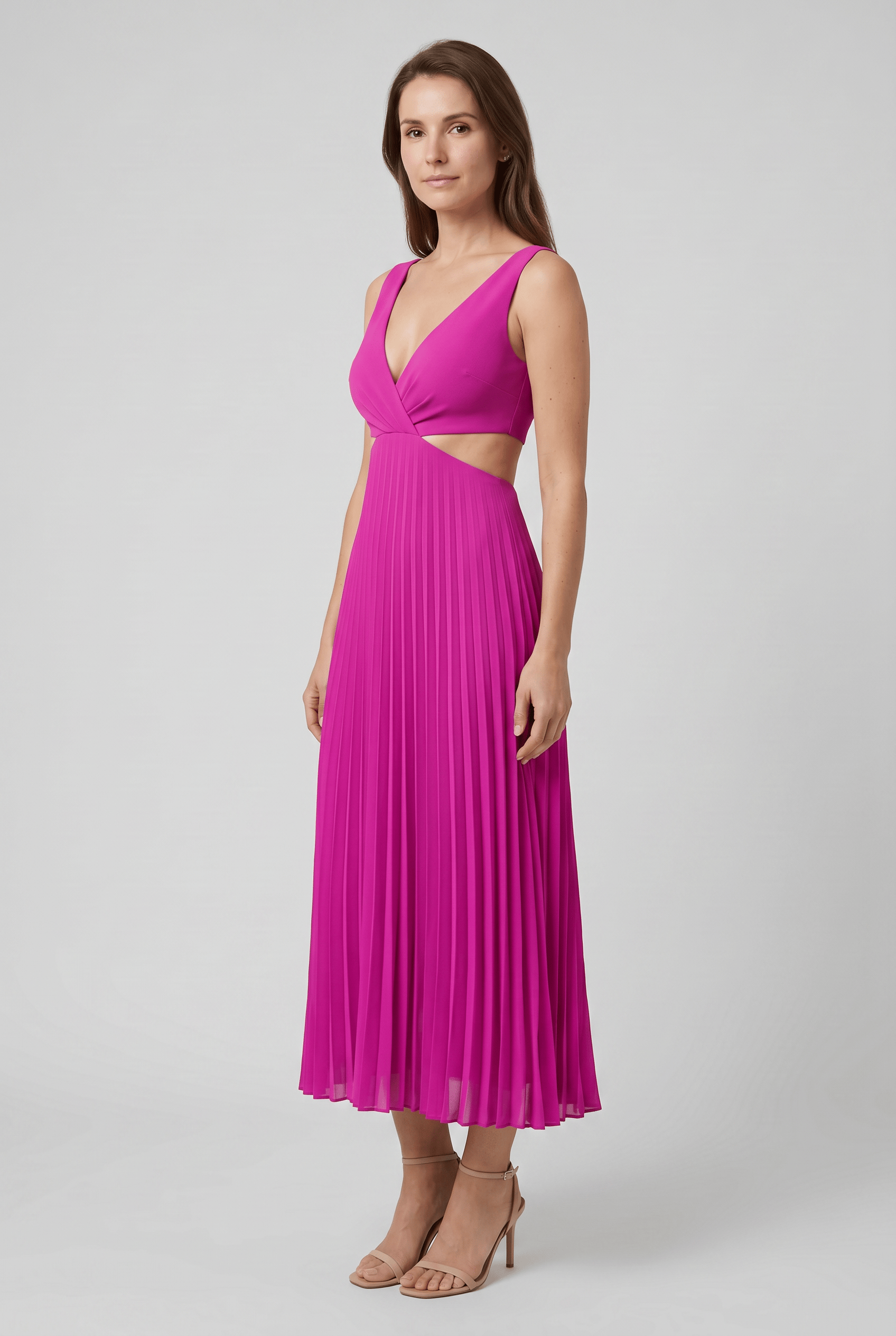 Women's V Neck Pleated Cutout Waist Graduation Dress | Midi