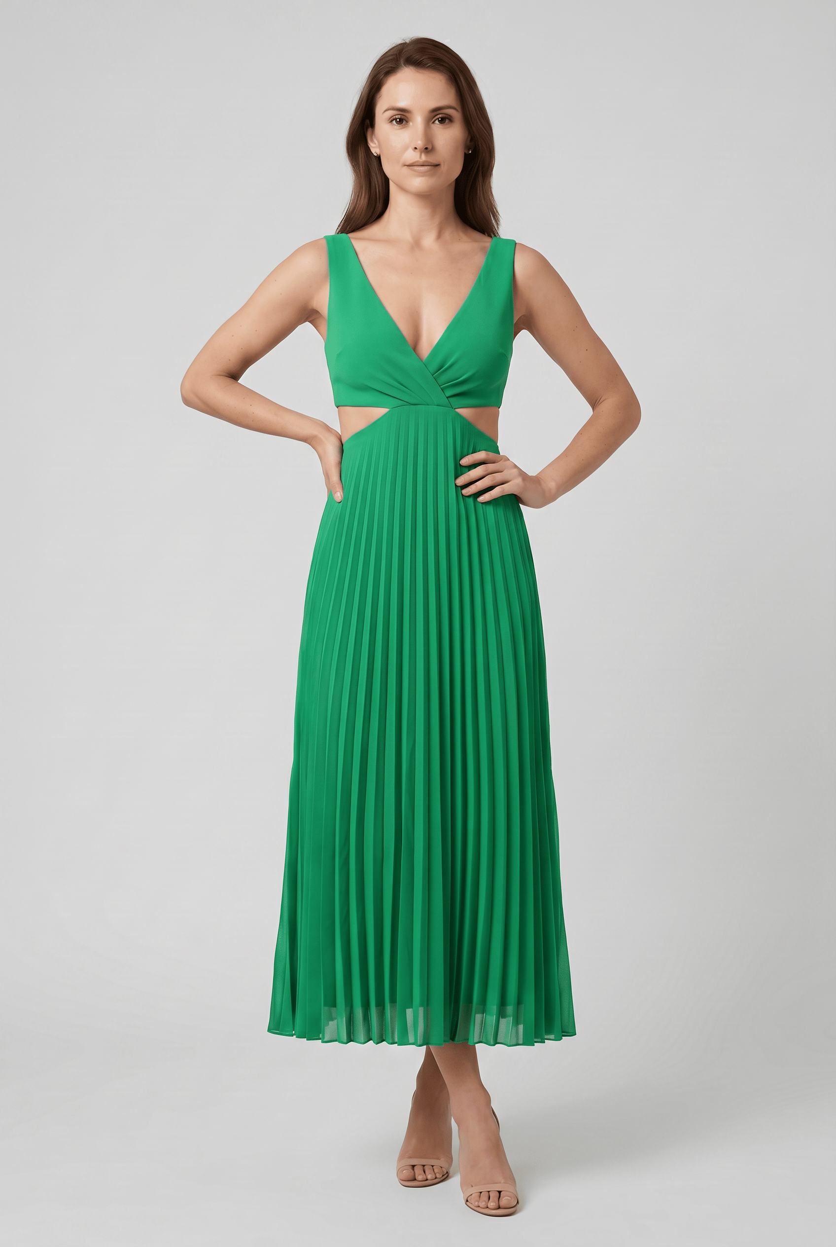 Women's V Neck Pleated Cutout Waist Graduation Dress | Midi