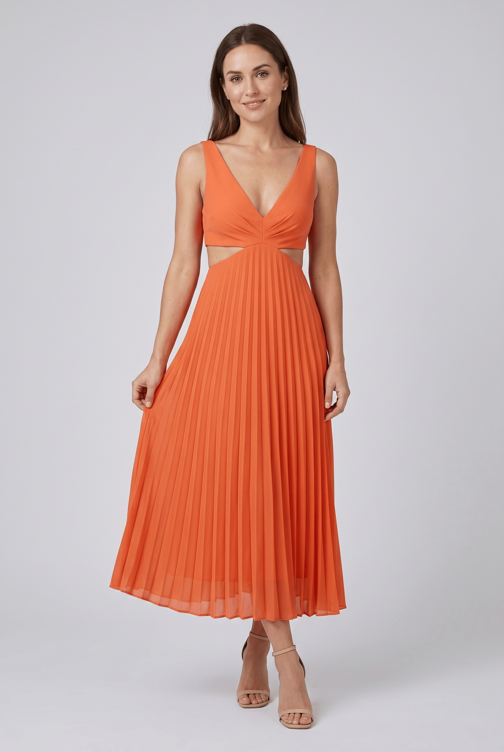 Women's V Neck Pleated Cutout Waist Graduation Dress | Midi