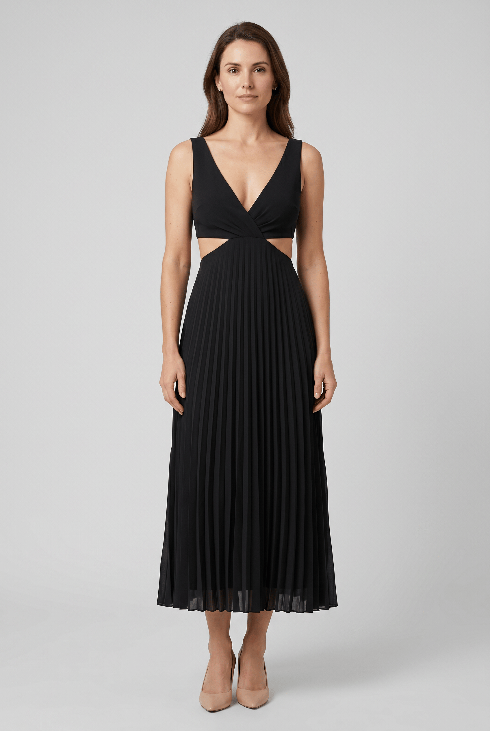 Women's V Neck Pleated Cutout Waist Graduation Dress | Midi