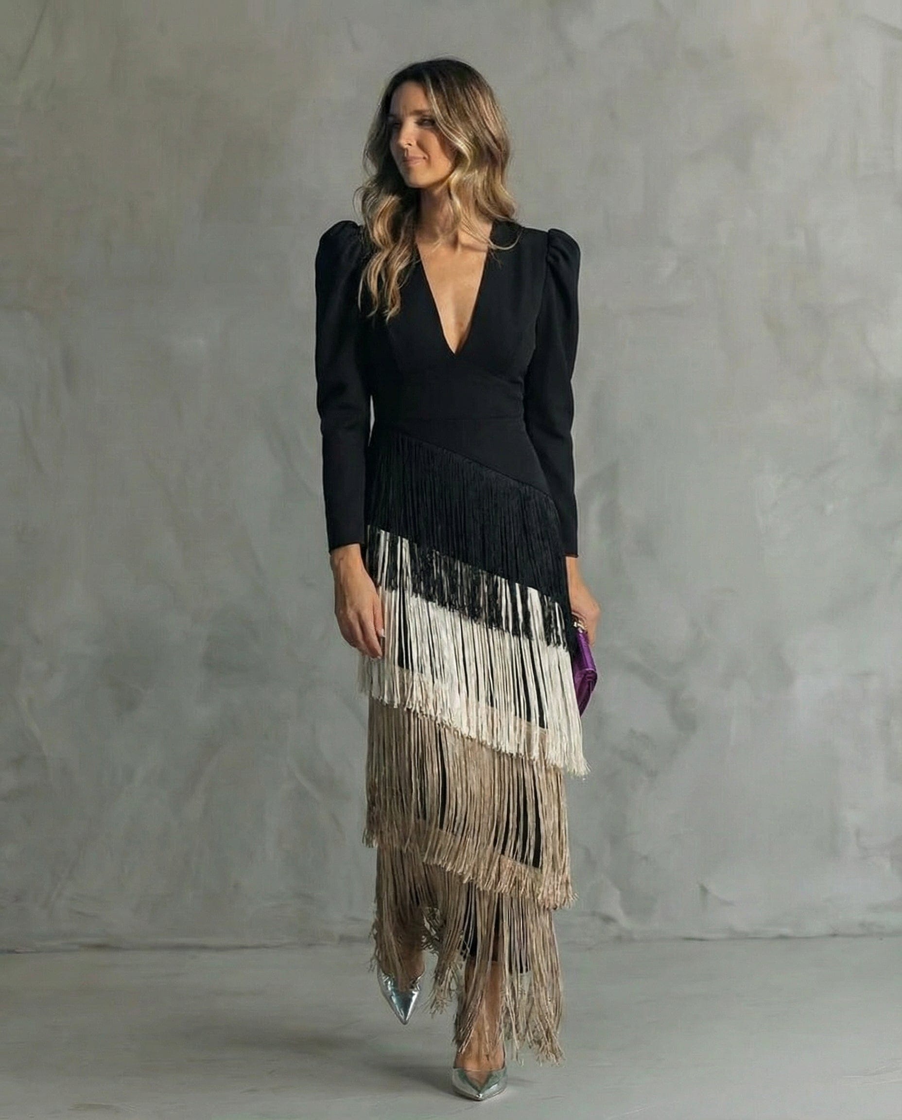 Women's V-neck Long Sleeve Dress with Fringe | Midi