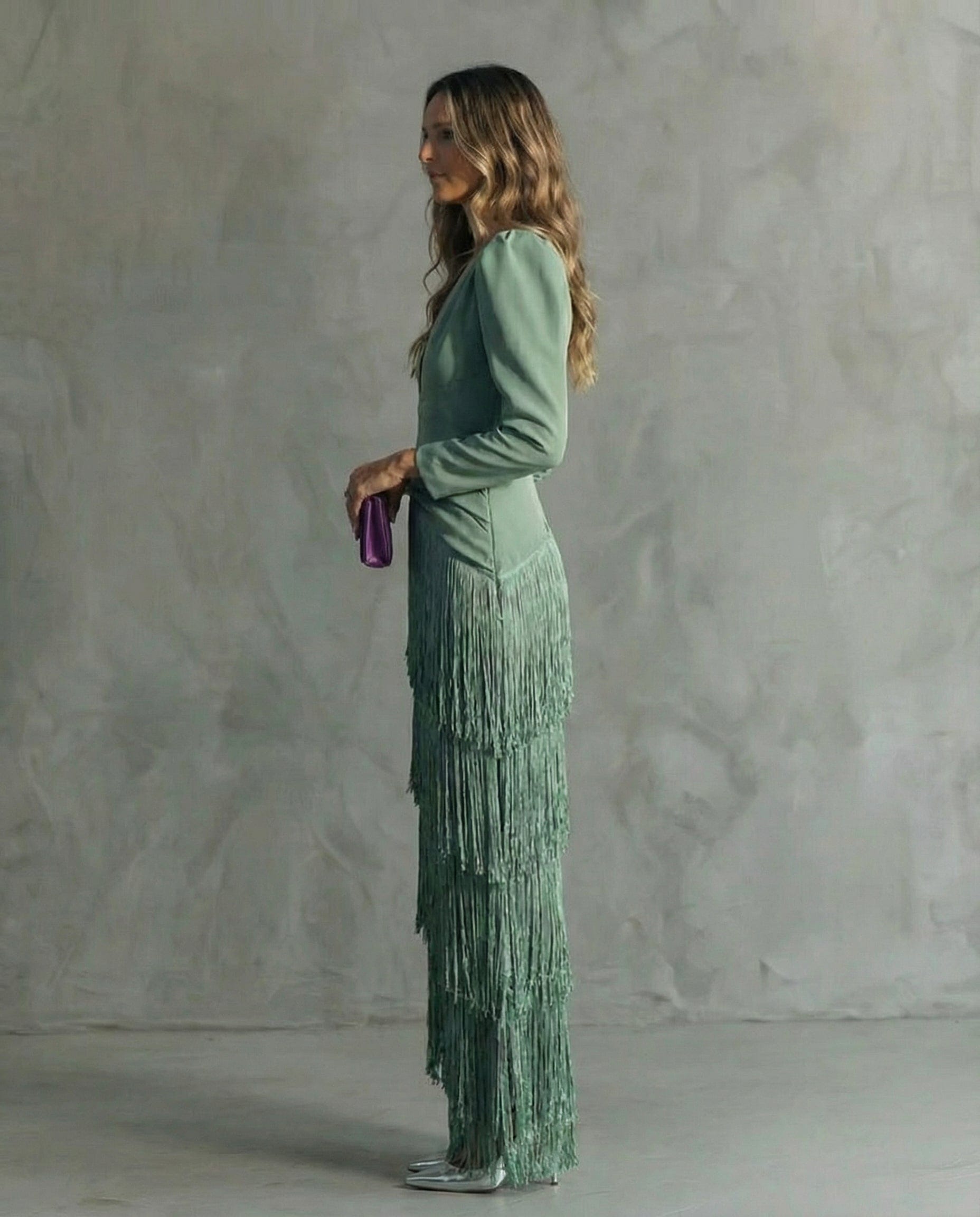 Women's V-neck Long Sleeve Dress with Fringe | Midi