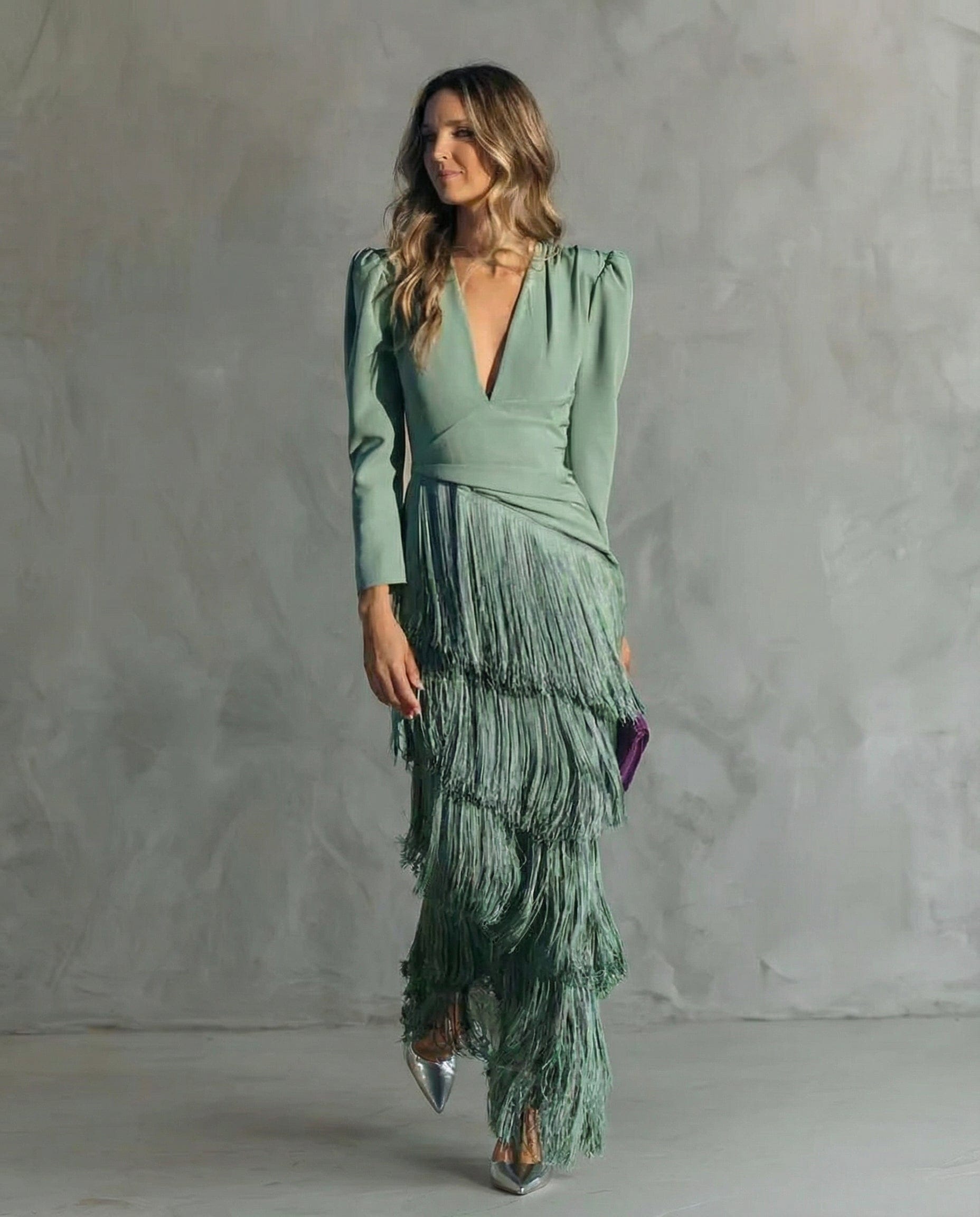Women's V-neck Long Sleeve Dress with Fringe | Midi