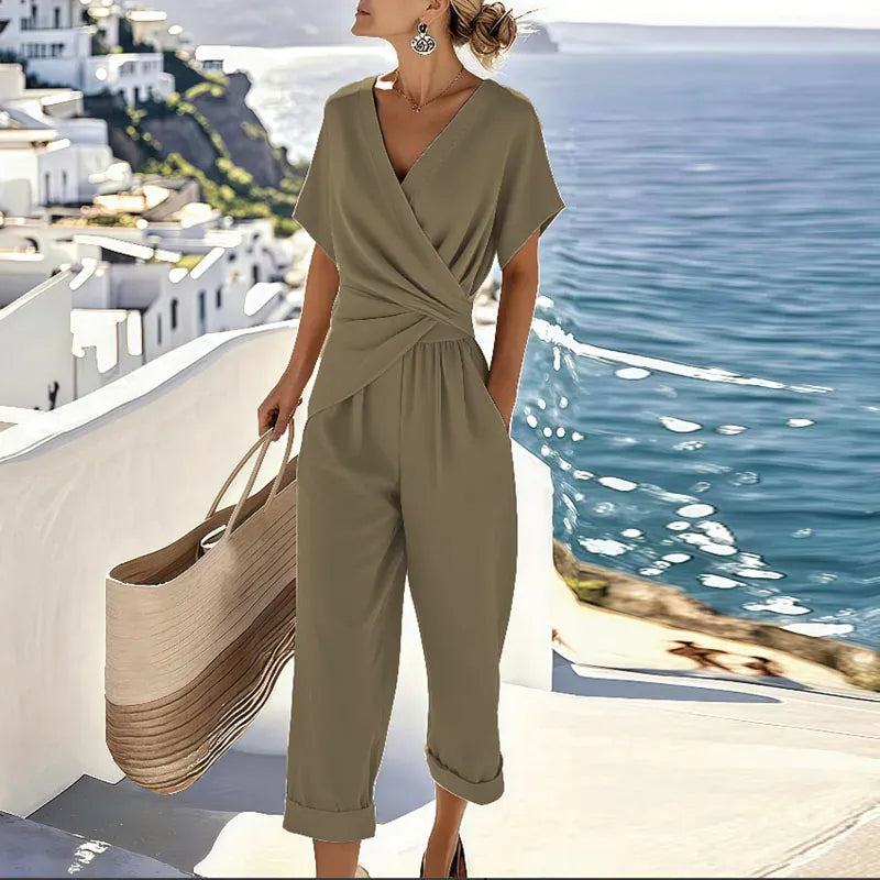 Women's V-neck Top & Trousers Set | Two-Piece