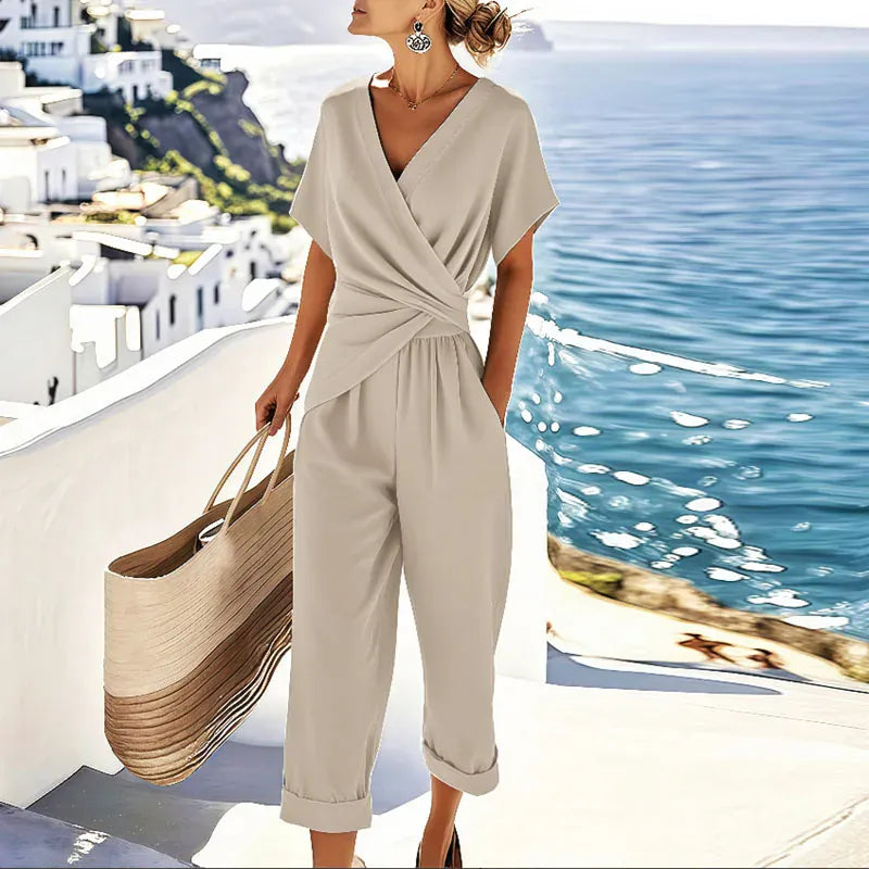 Women's V-neck Top & Trousers Set | Two-Piece