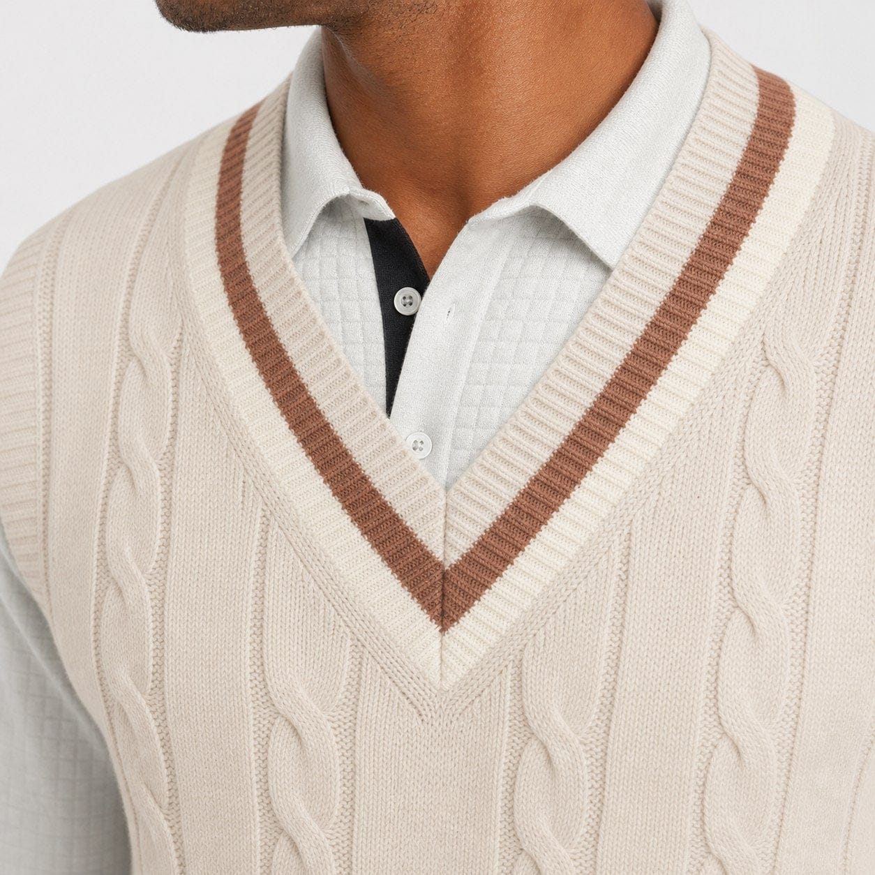 Men's Cable-Knit Sweater Vest | Contrast V-Neck Trim