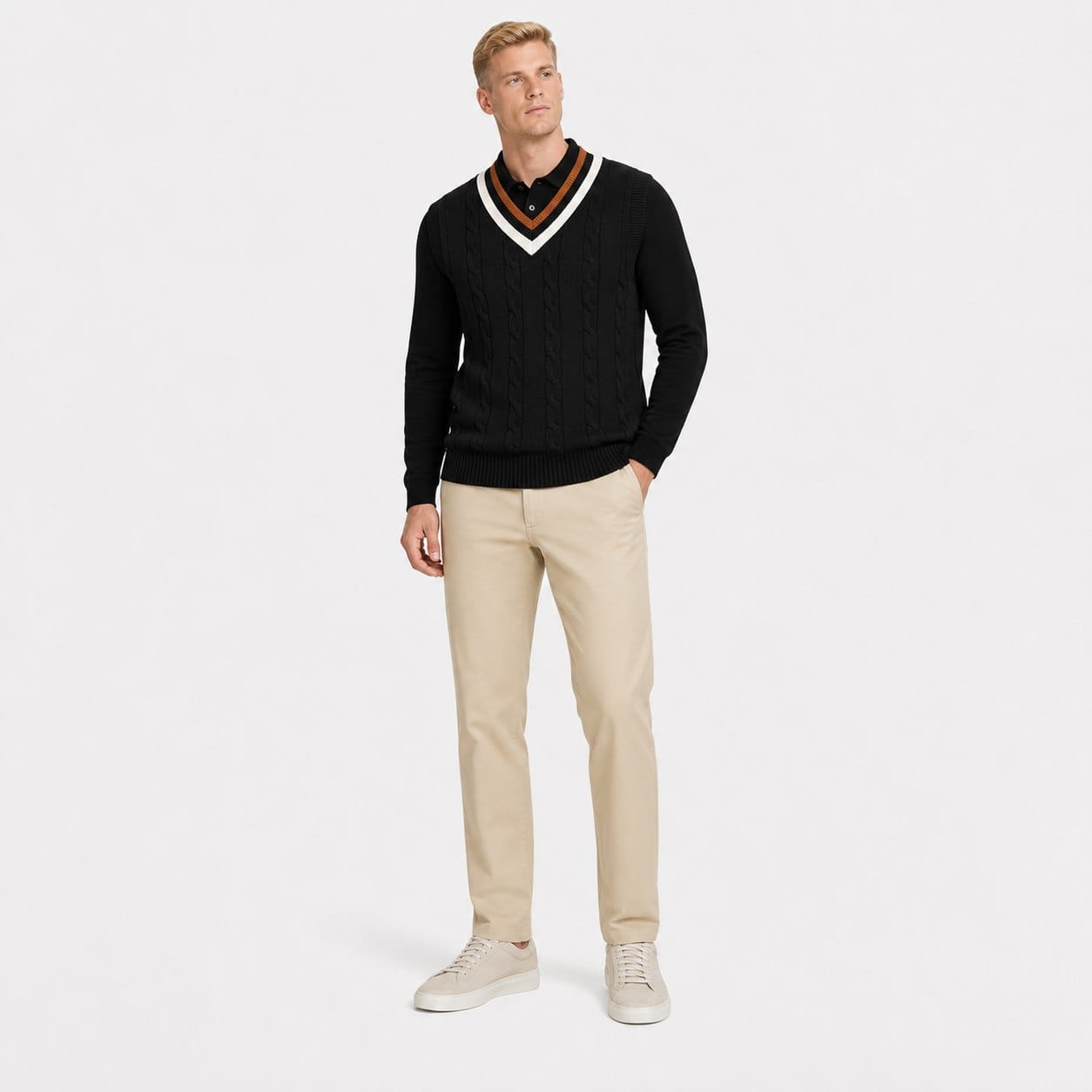Men's Cable-Knit Sweater Vest | Contrast V-Neck Trim