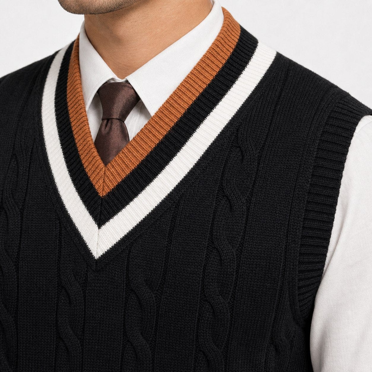 Men's Cable-Knit Sweater Vest | Contrast V-Neck Trim