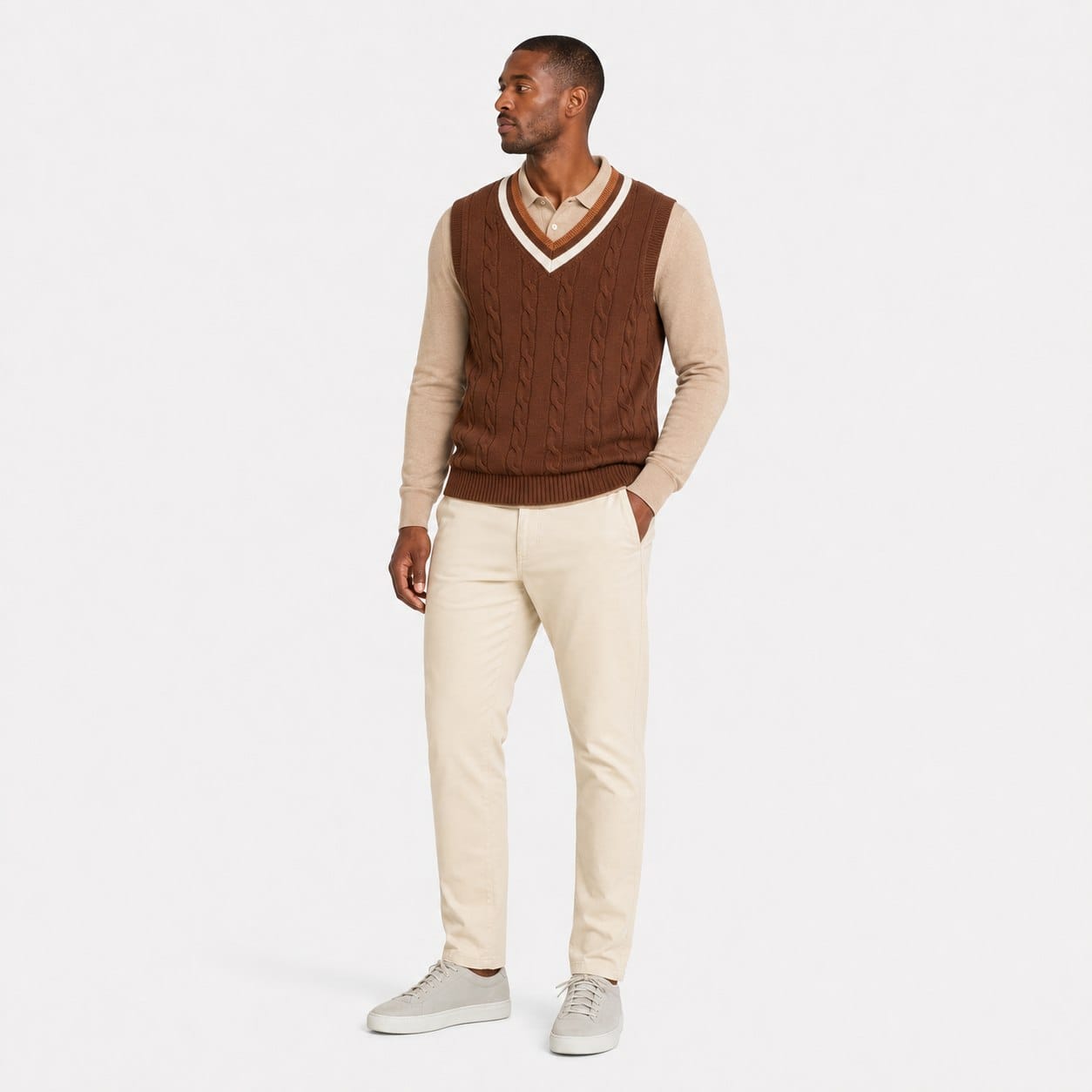 Men's Cable-Knit Sweater Vest | Contrast V-Neck Trim