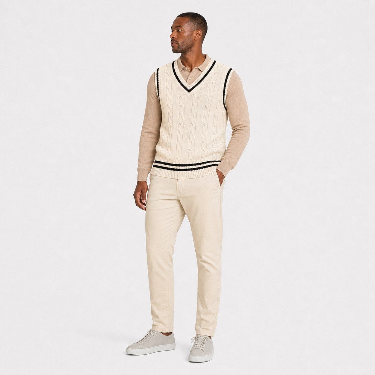 Men's Cable-Knit Sweater Vest | Striped V-Neck & Hem Trim