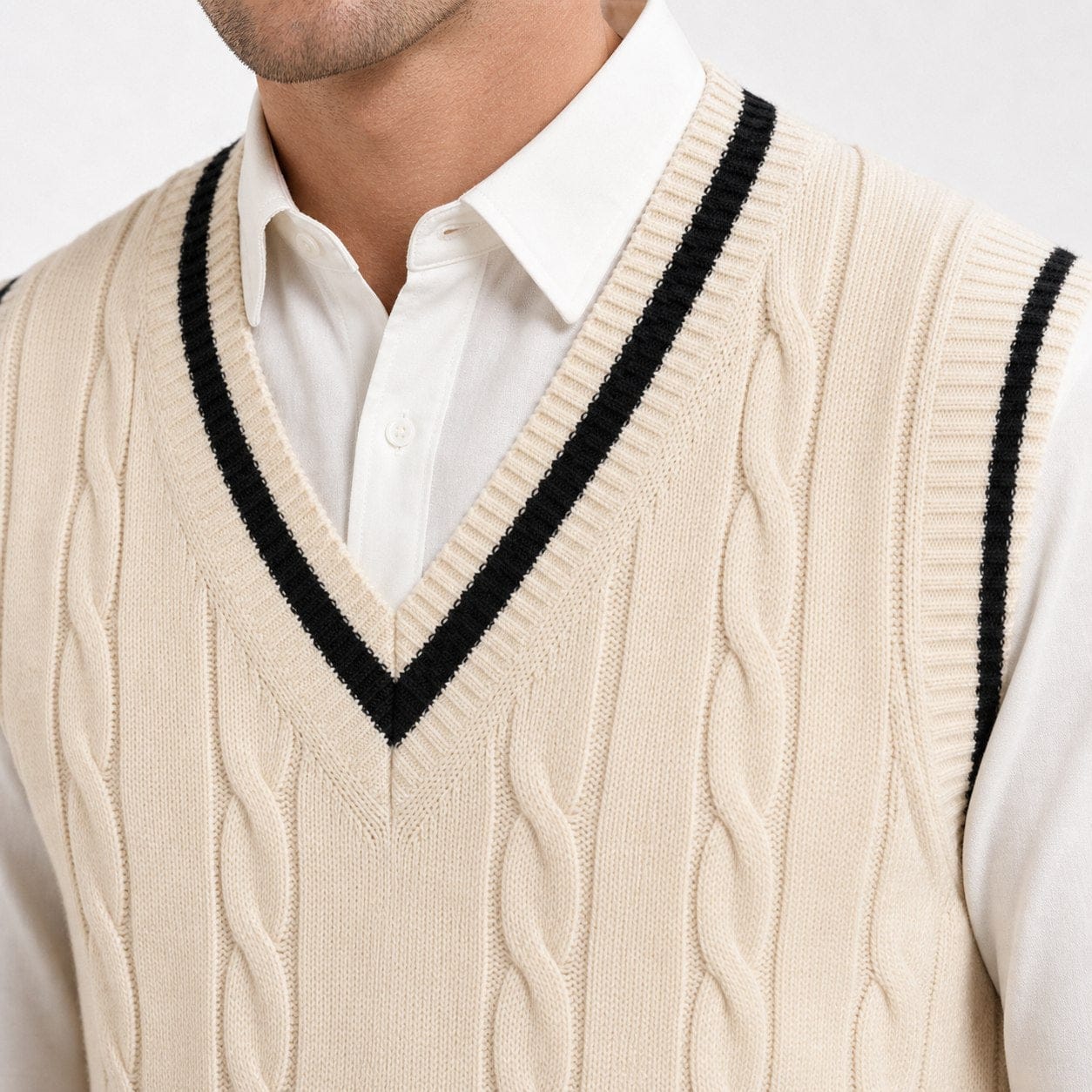 Men's Cable-Knit Sweater Vest | Striped V-Neck & Hem Trim