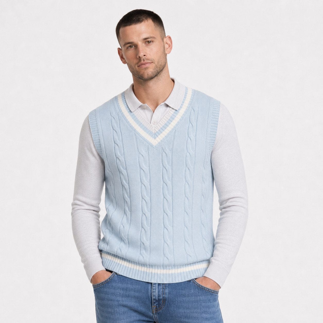 Men's Cable-Knit Sweater Vest | Striped V-Neck & Hem Trim