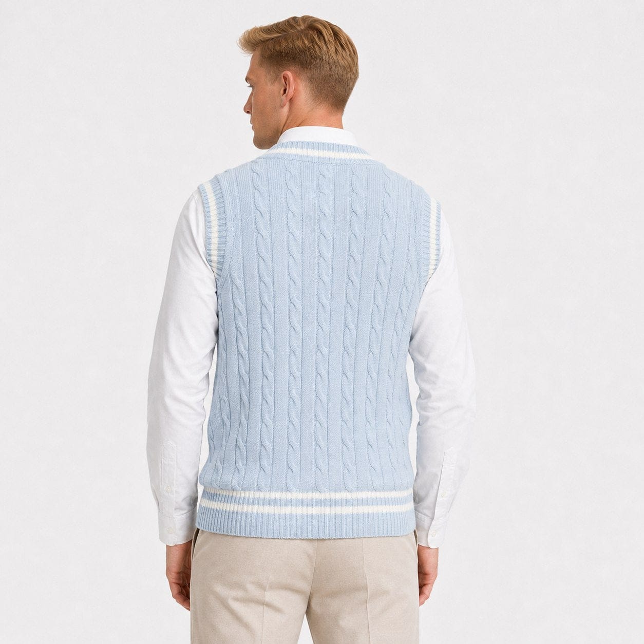 Men's Cable-Knit Sweater Vest | Striped V-Neck & Hem Trim