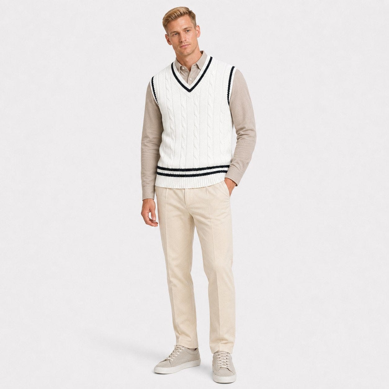 Men's Cable-Knit Sweater Vest | Striped V-Neck & Hem Trim