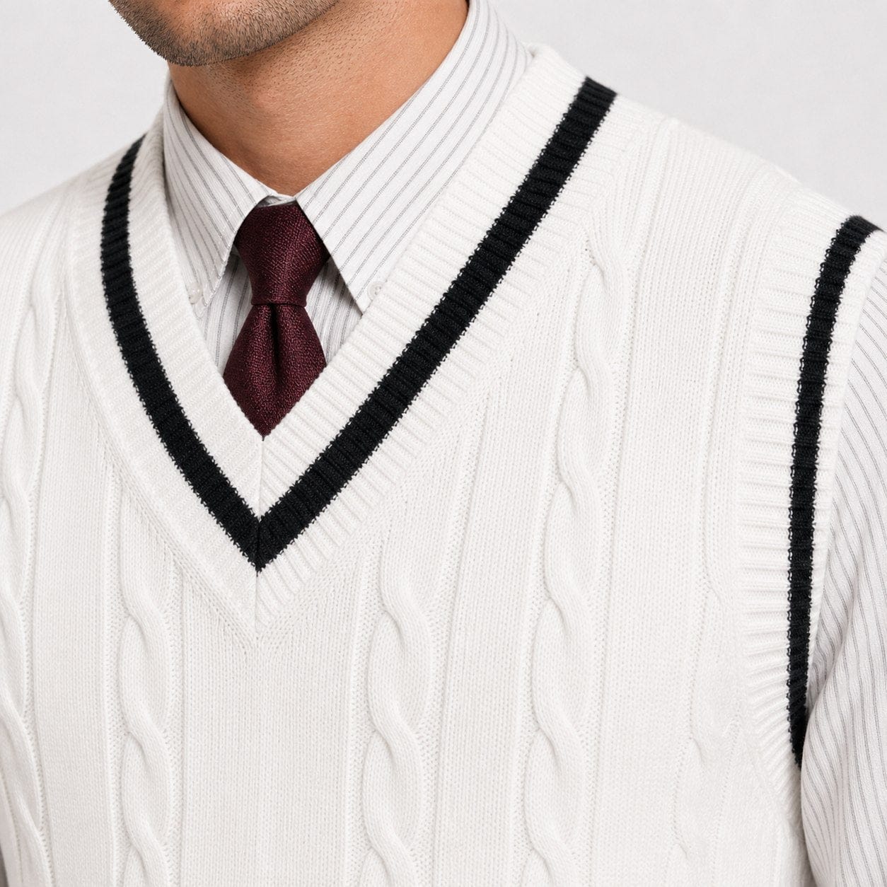 Men's Cable-Knit Sweater Vest | Striped V-Neck & Hem Trim