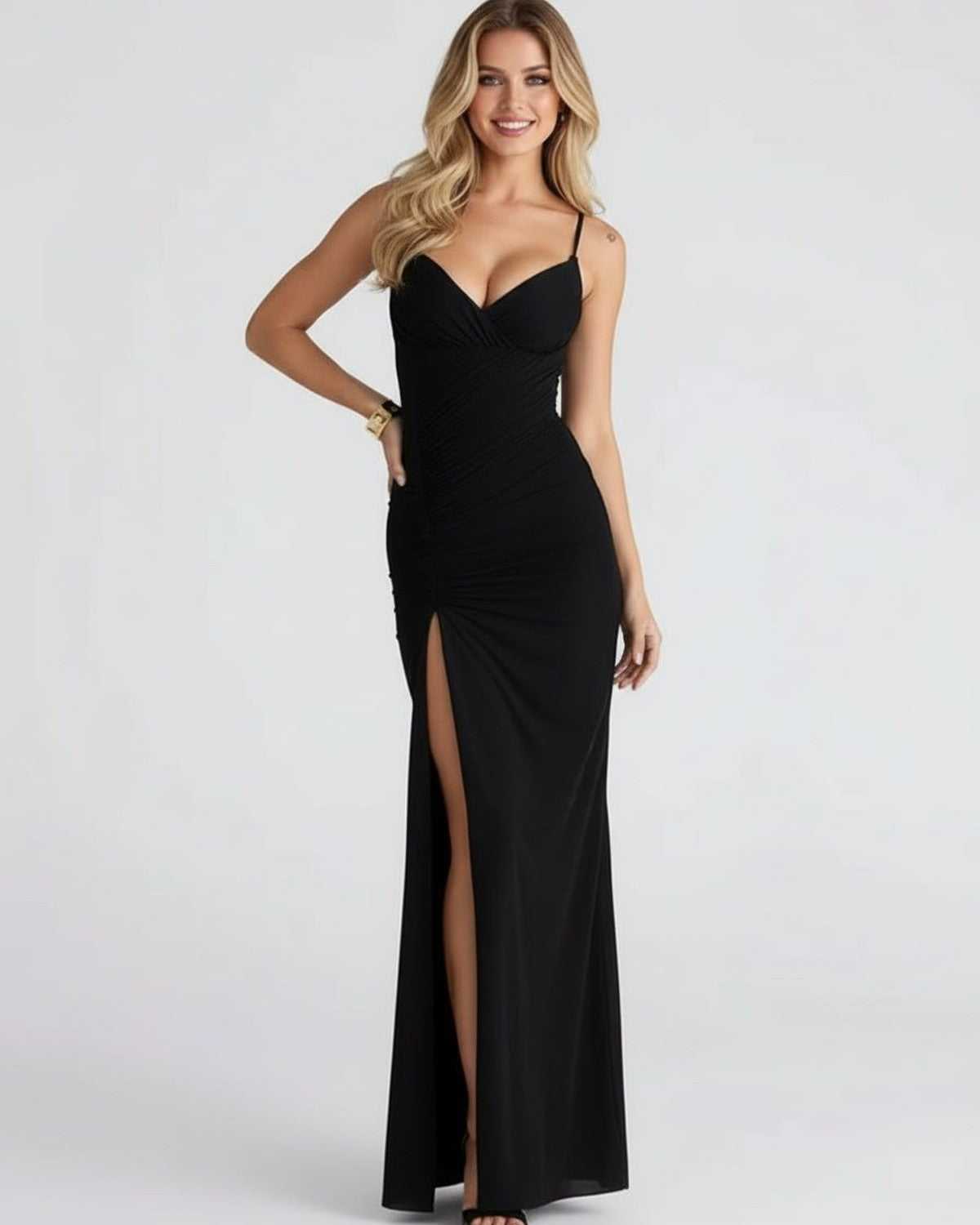 Wedding Guest Dress Women Maxi | Spaghetti Straps, Ruched Bodice & High Split