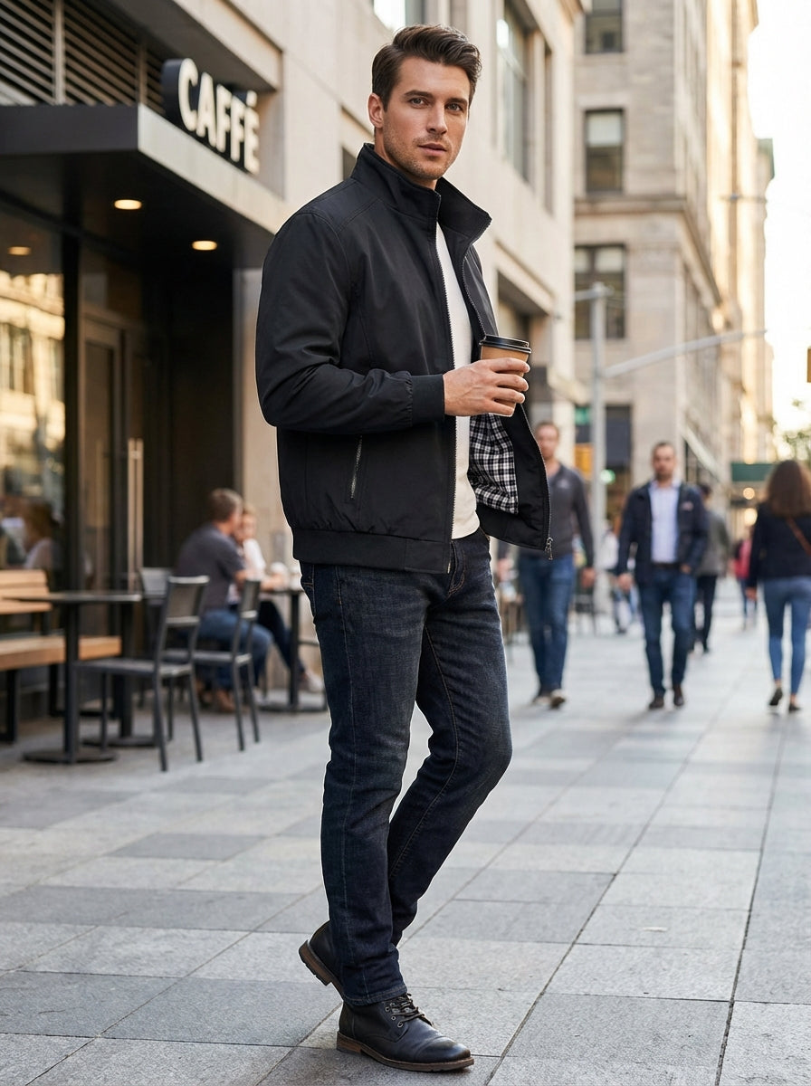 Men’s Modern Stand Collar Zip Bomber Jacket | Tailored Fit
