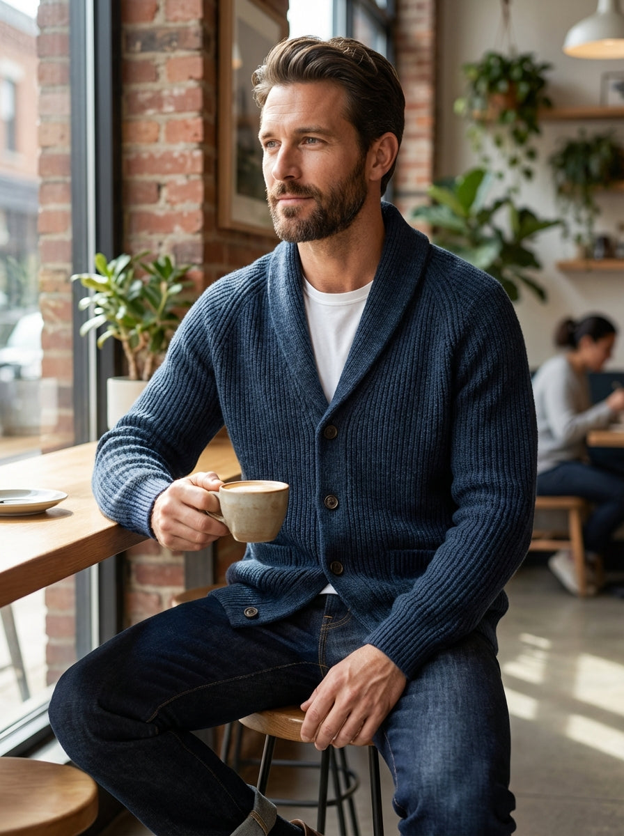 Men’s Collared Ribbed Knit Cardigan | Button Up