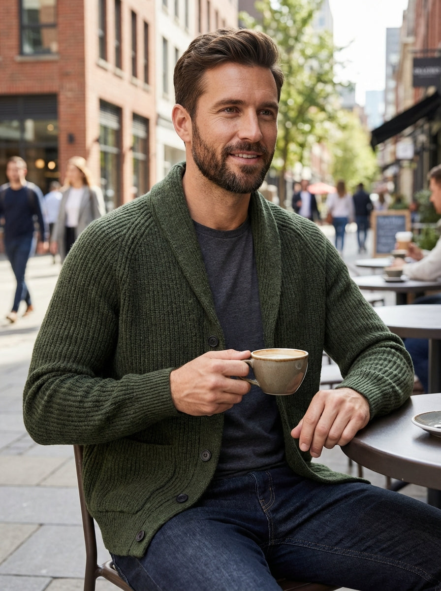 Men’s Collared Ribbed Knit Cardigan | Button Up