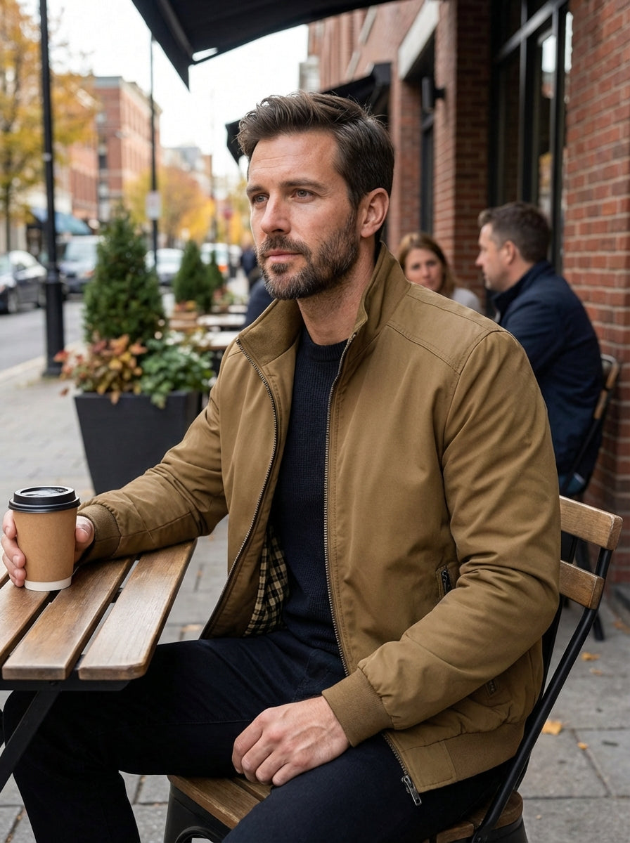 Men's Stand Collar Zipper Ribbed Cuff Jacket | Zip Pockets