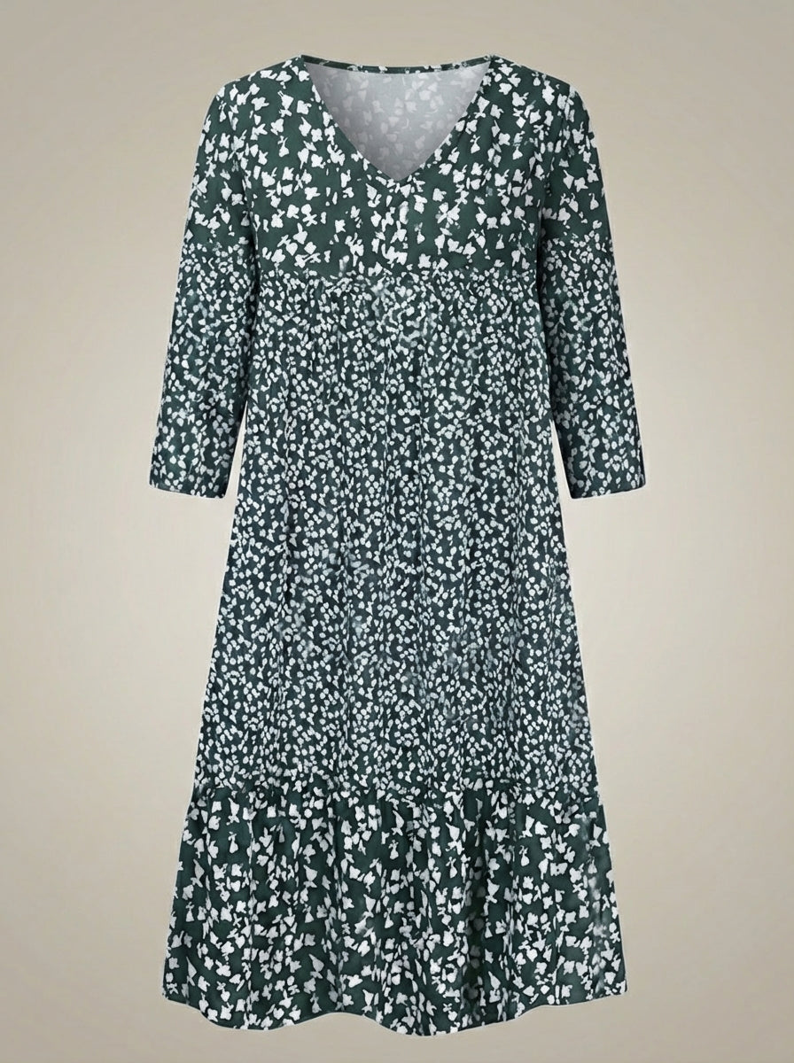 Women's V-Neck 3/4 Sleeves Boho Flared A-Line Dress | Printed