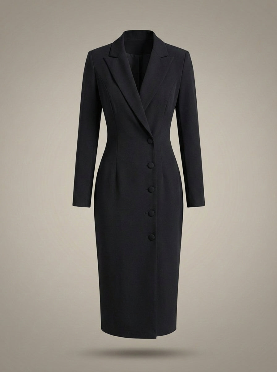 Women's Lapel Collar Long Sleeves Formal Fitted Blazer Dress | Midi