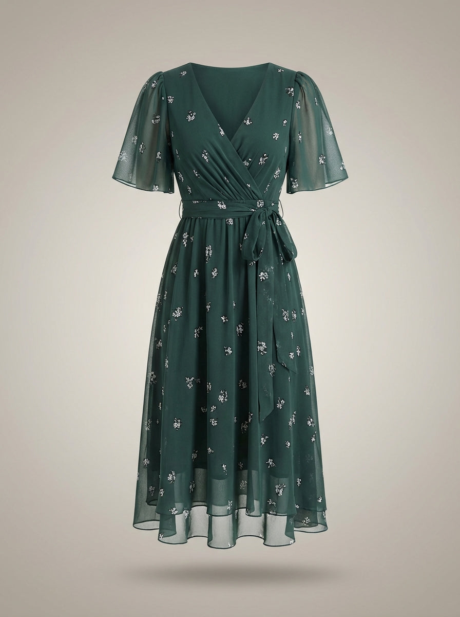 Women’s V-Neck Short Sleeves Wrap Flared Dress | Midi