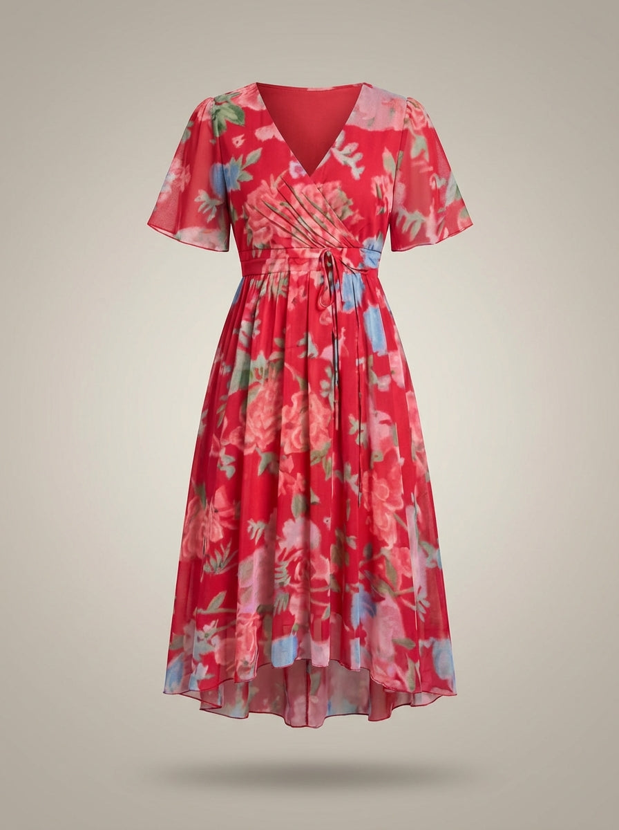 Women’s V-Neck Short Sleeves Wrap Flared Dress | Midi