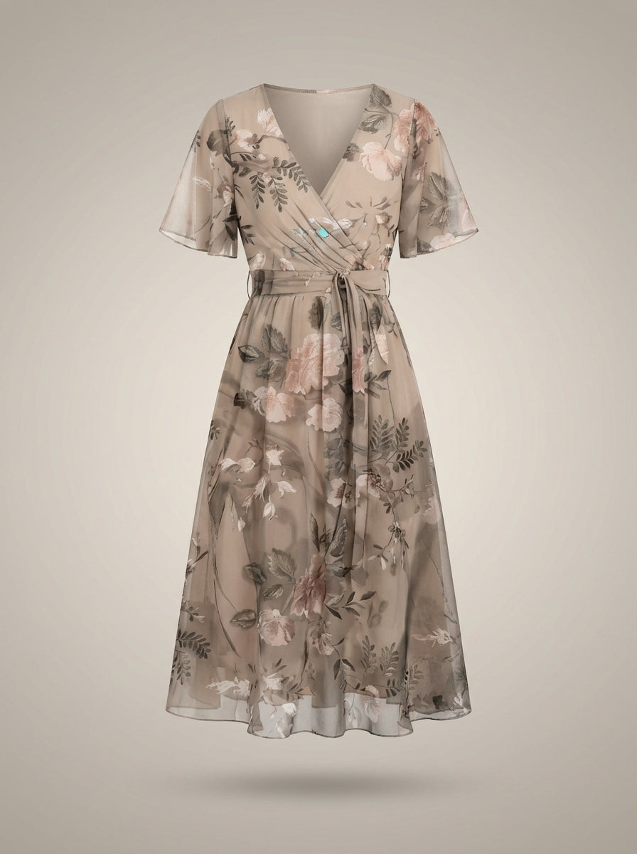 Women’s V-Neck Short Sleeves Wrap Flared Dress | Midi