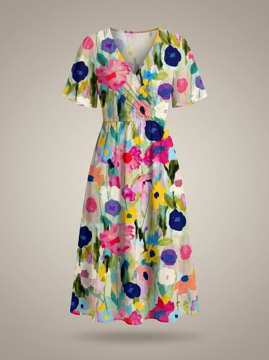 Women’s V-Neck Short Sleeves Wrap Flared Dress | Midi