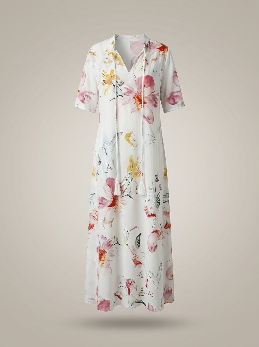 Women's V-Neck Short Sleeve Floral A-Line Dress | Maxi