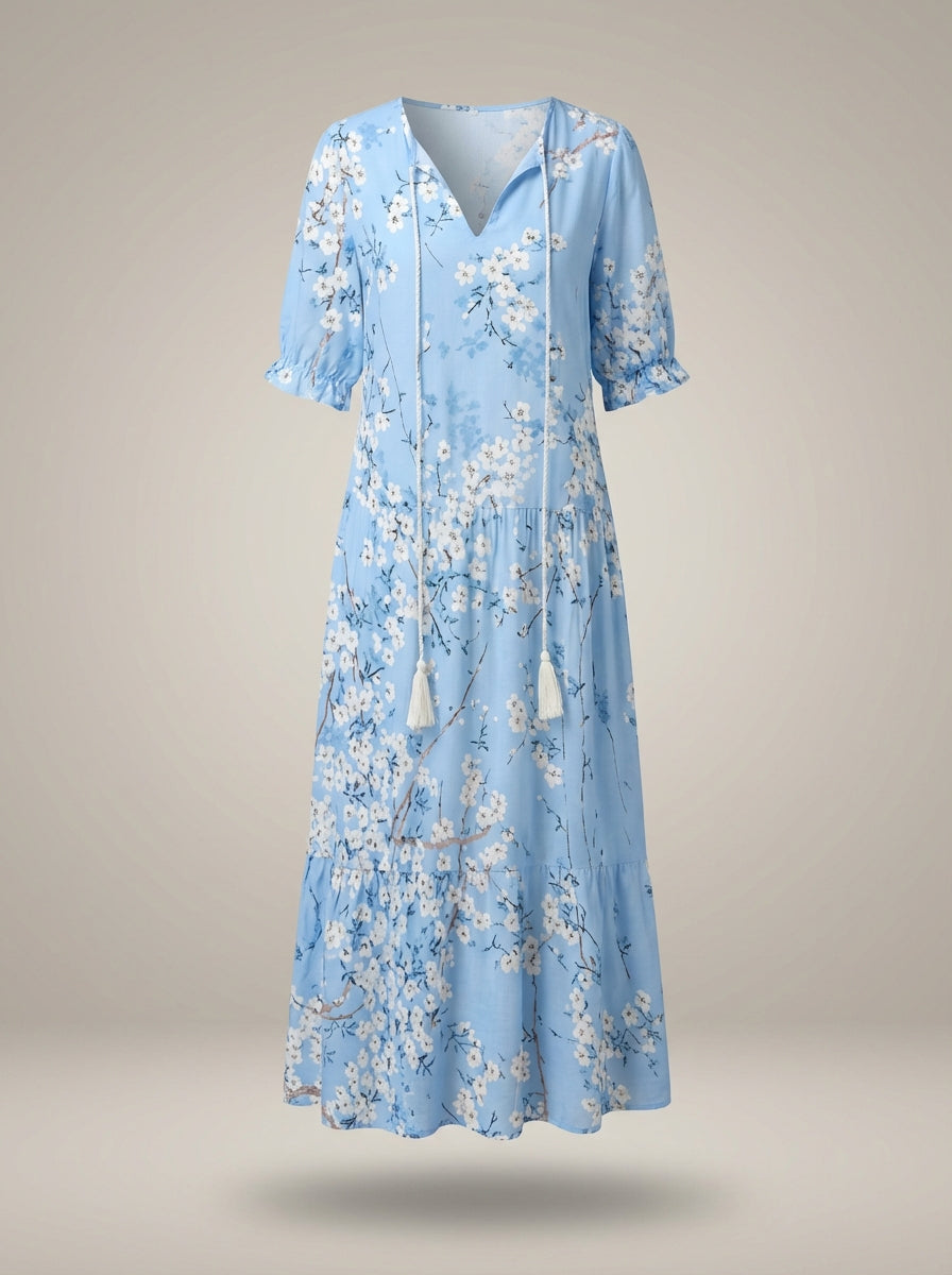 Women's V-Neck Short Sleeve Floral A-Line Dress | Maxi