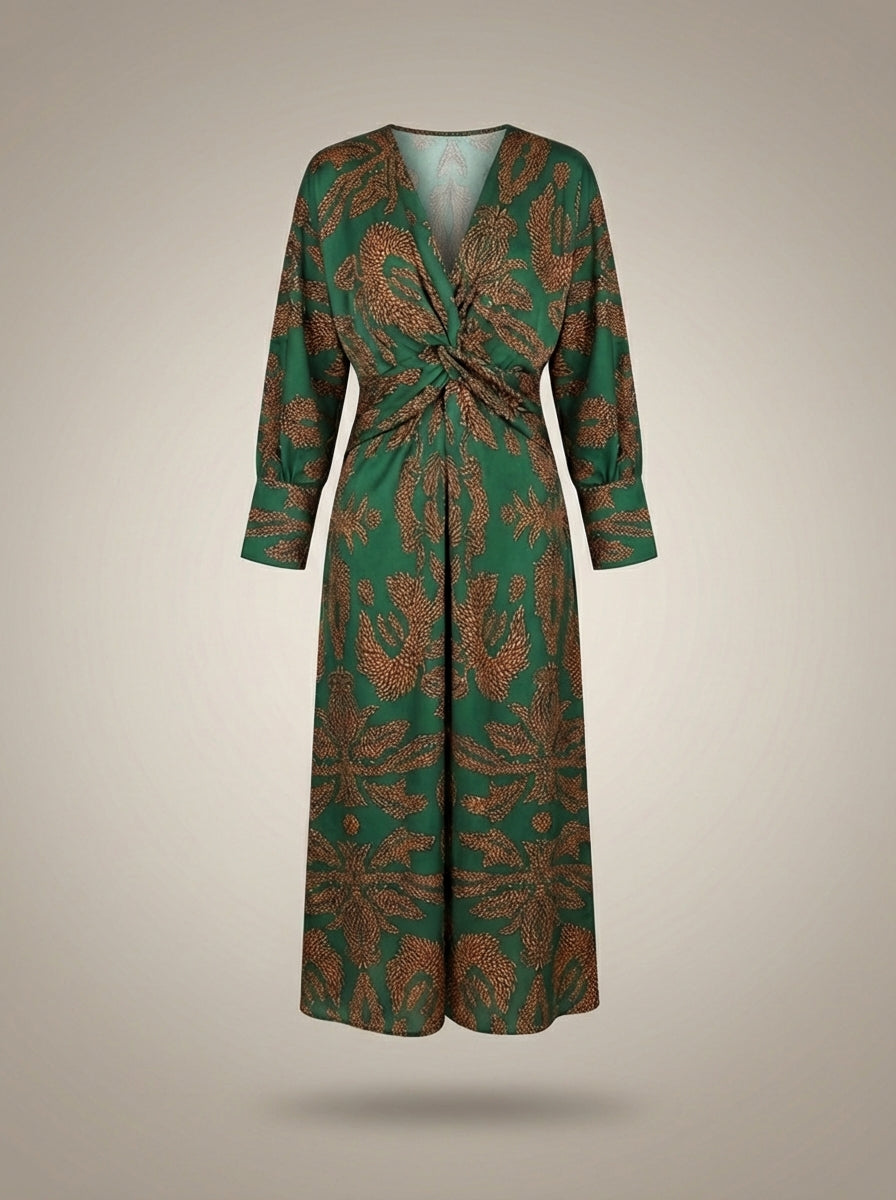 Women's V-Neck Long Sleeves Wrap Printed Boho Dress | Midi