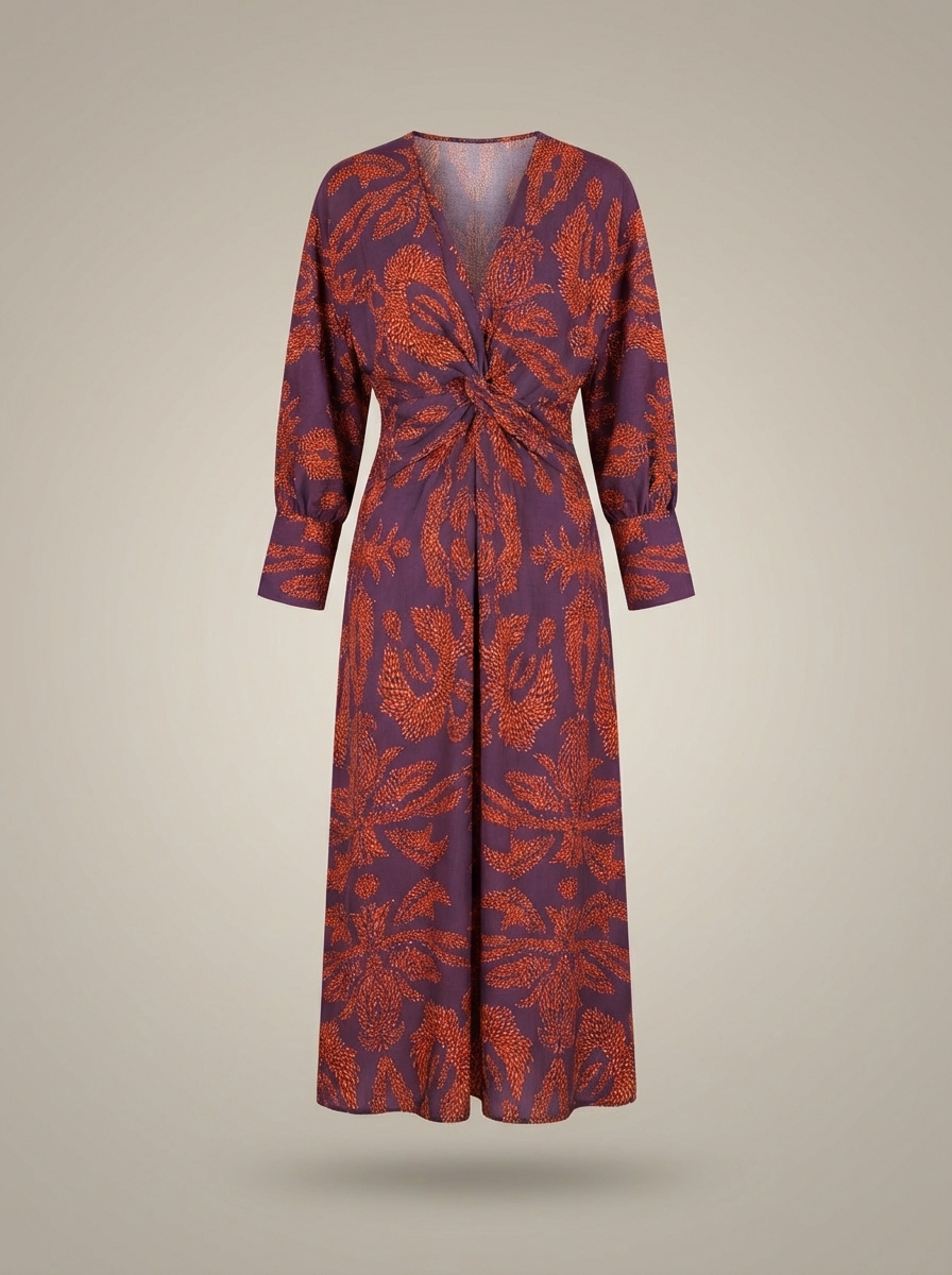 Women's V-Neck Long Sleeves Wrap Printed Boho Dress | Midi