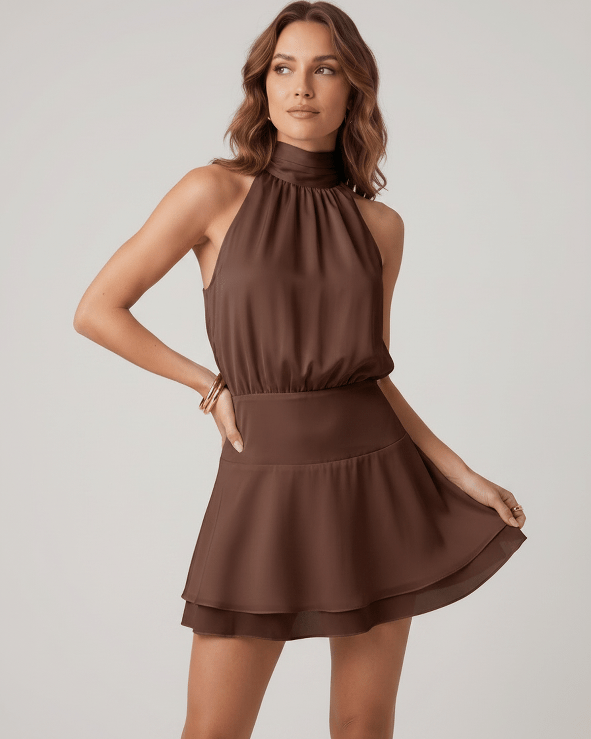 Mini Dress Women Halter Neck | Tiered Skirt & Blouson Bodice