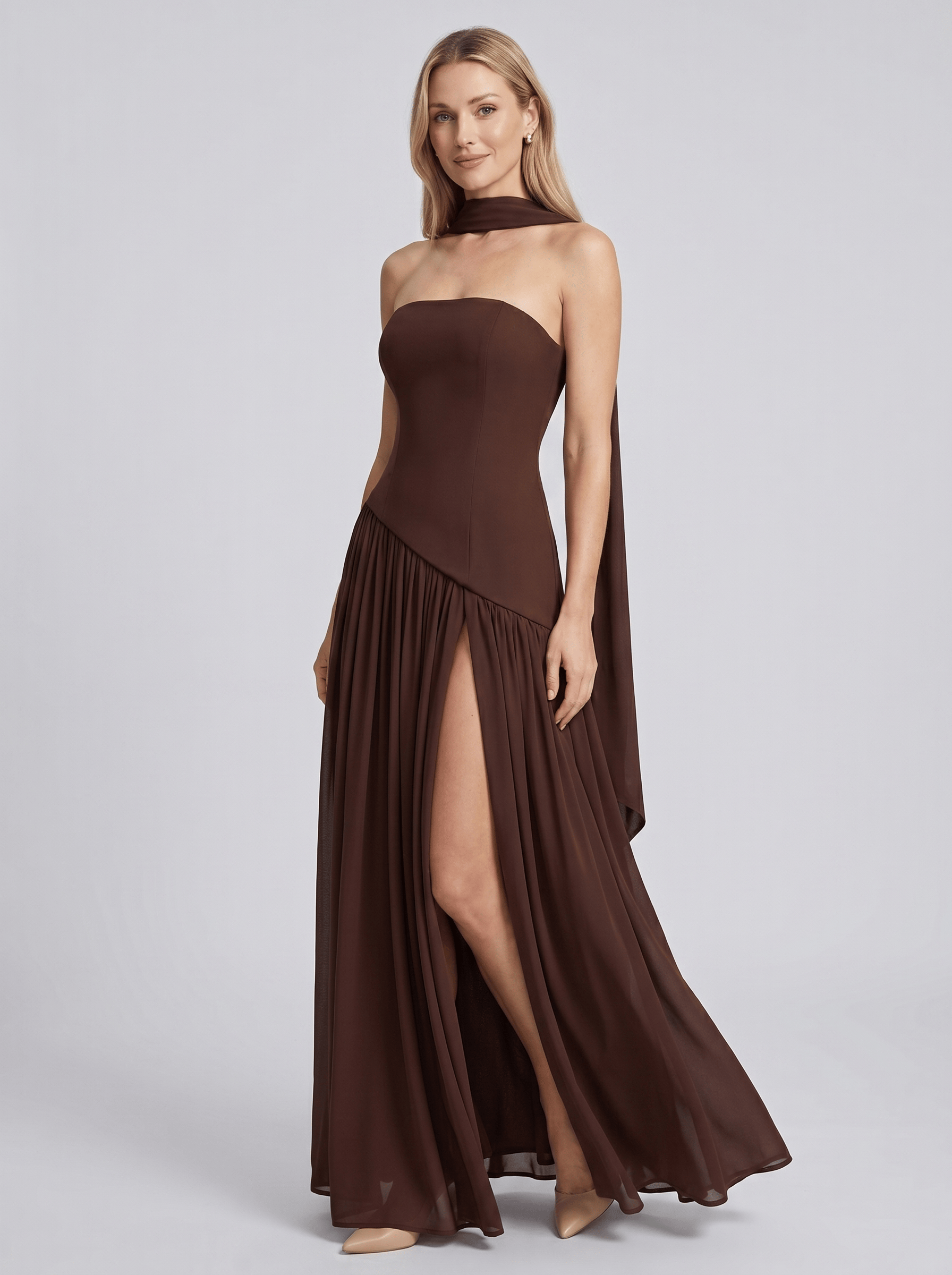 Women’s Bardot Neck Strapless High Slit Slip Dress | Maxi